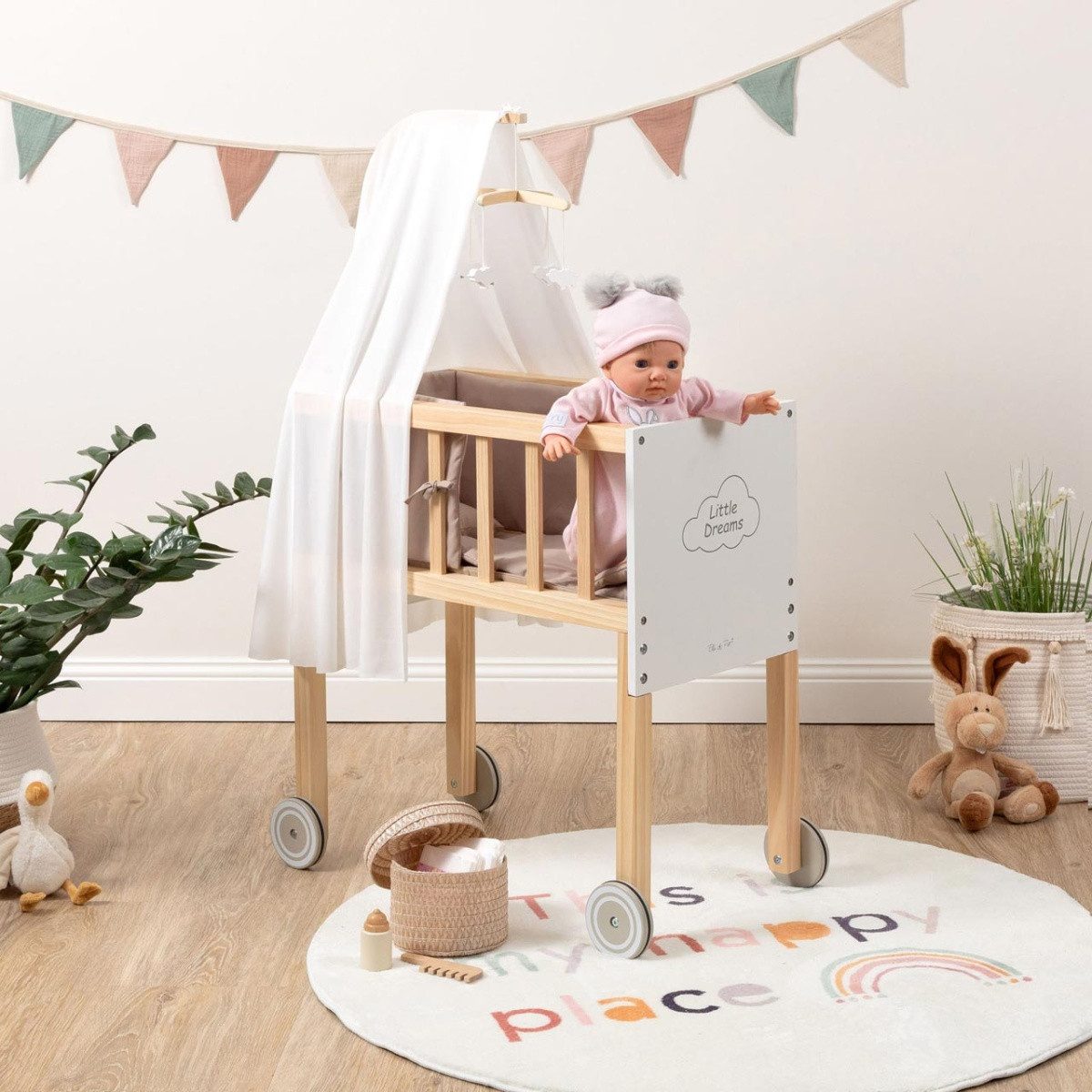 ELLA & PIET® Puppenbett Großer Puppen-Stubenwagen DREAMY aus Holz mit Himme günstig online kaufen