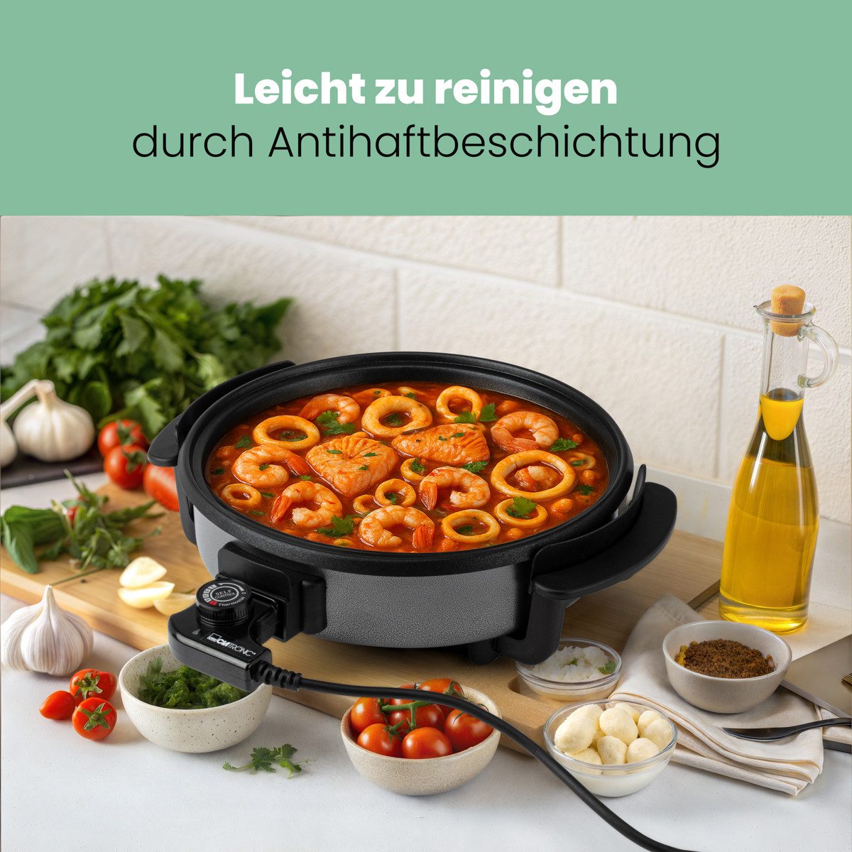 CLATRONIC Elektrische Partypfanne PP 3401, Multifunktionspfanne, Inkl. Glasdeckel