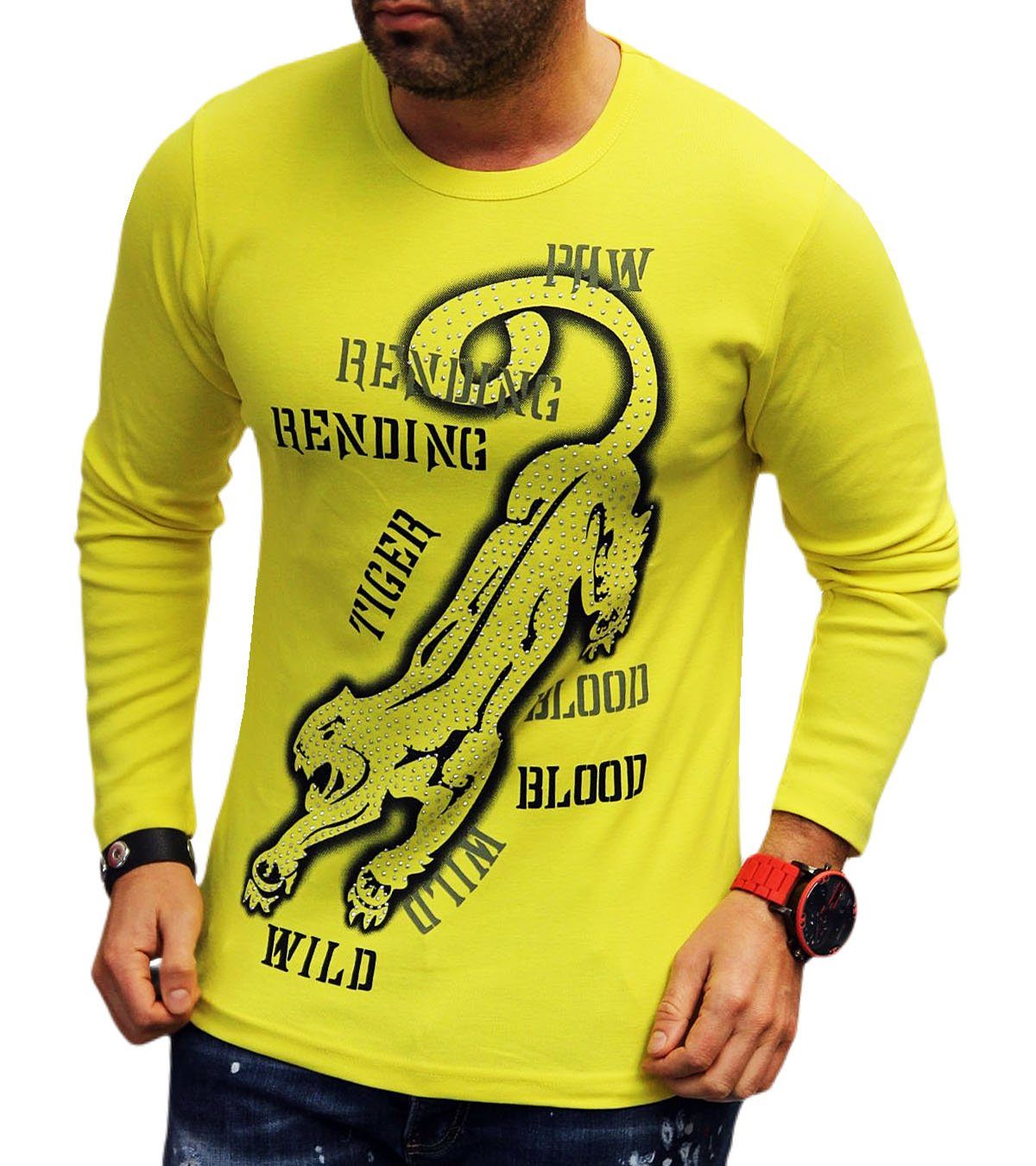 JEEL Langarmshirt Herren Langarm Shirt Henley Longsleeve Leopard Tiger Löwe