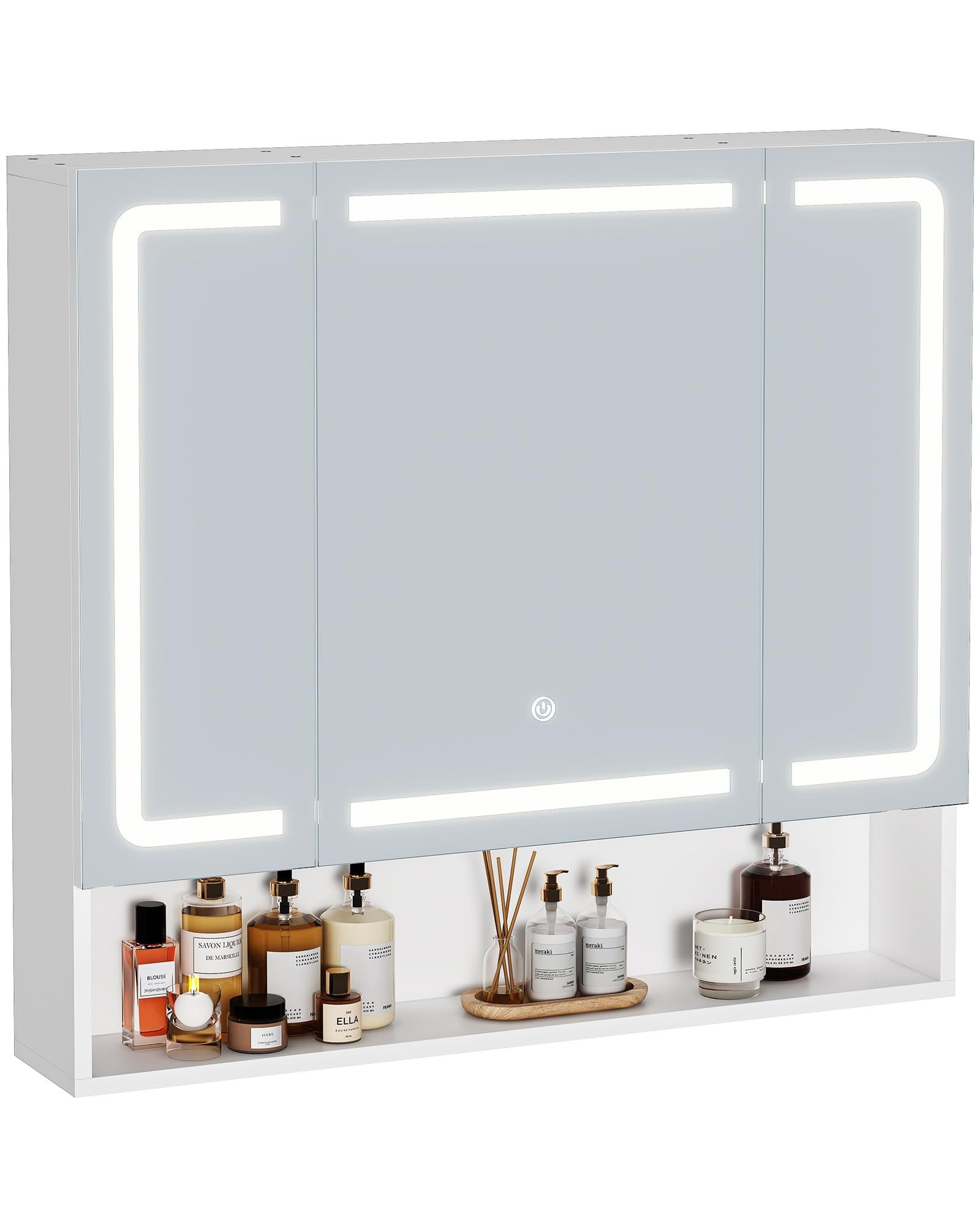 MSMASK Badezimmerspiegelschrank Moderner 3-türiger LED-Spiegelschrank mit verstellbaren Einlegeböden & 3 Lichtfarben – Wandmontage, Weiß (80x75,5x17 cm)