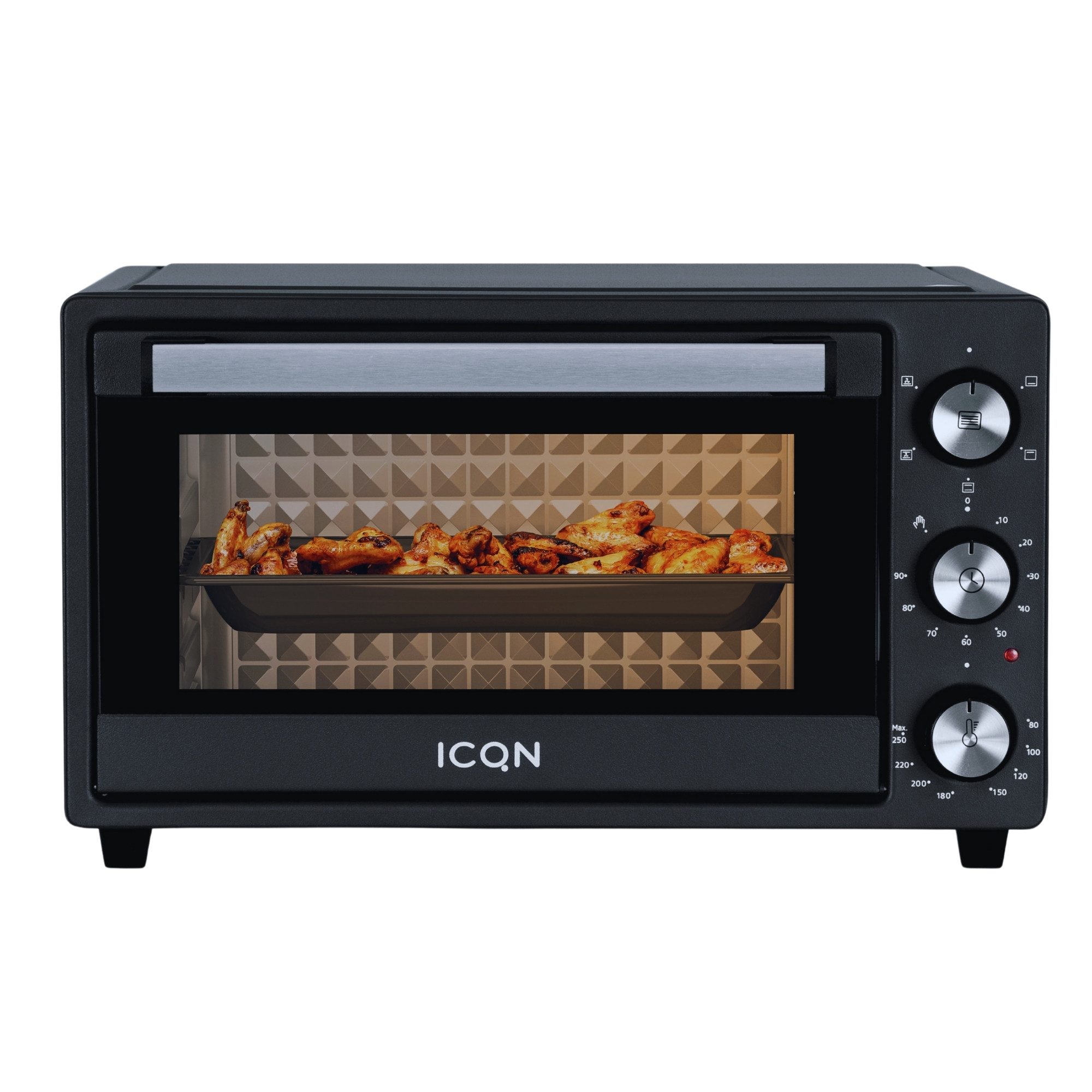 ICQN Minibackofen 20 L, Ober-/Unterhitze mit Umluft, 5 Grill-Funktion, Timer, 1500 W, Pizza-Backofen, 80°-250°C, Backblech/Grill/Krümelblech und Blechhalter