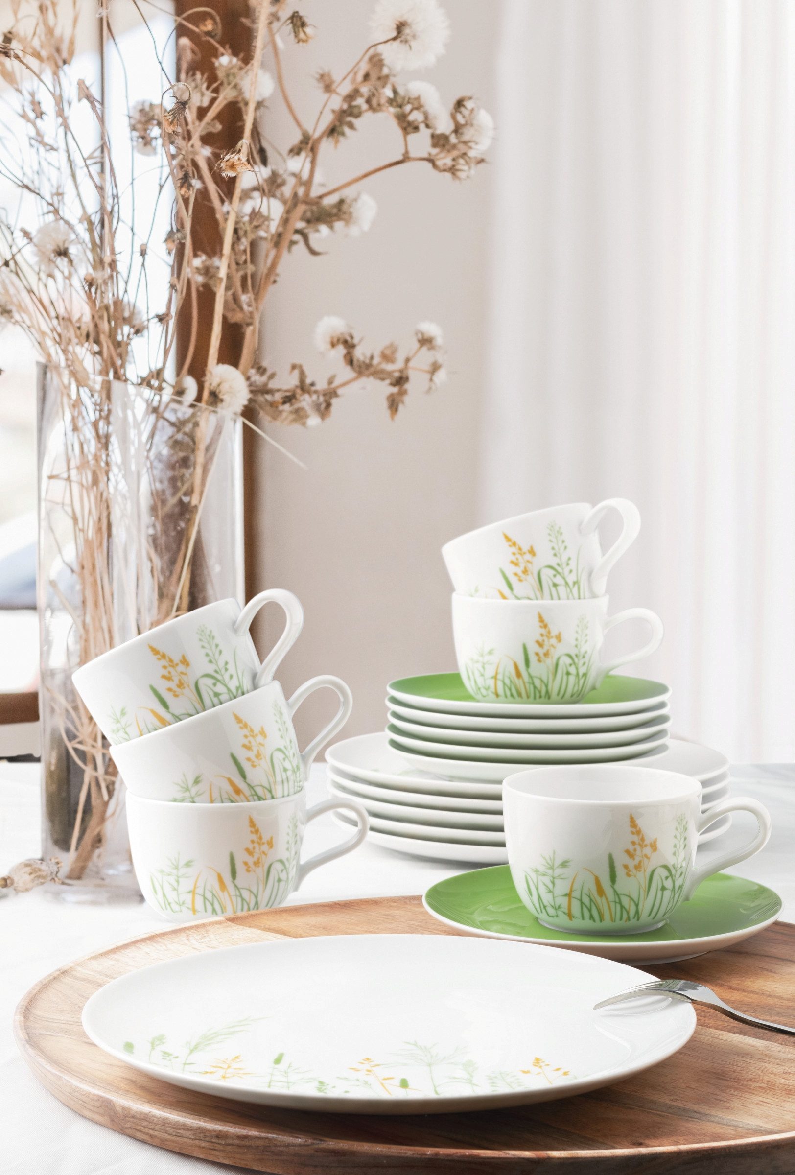 Seltmann Weiden Kaffeeservice Geschirr-Set, 18 Teile, Liberty Meadow Grasses (18-tlg), 6 Personen, Porzellan, Tassen, Untertassen, Teller, Made in Germany, 18 Teile, für 6 Personen