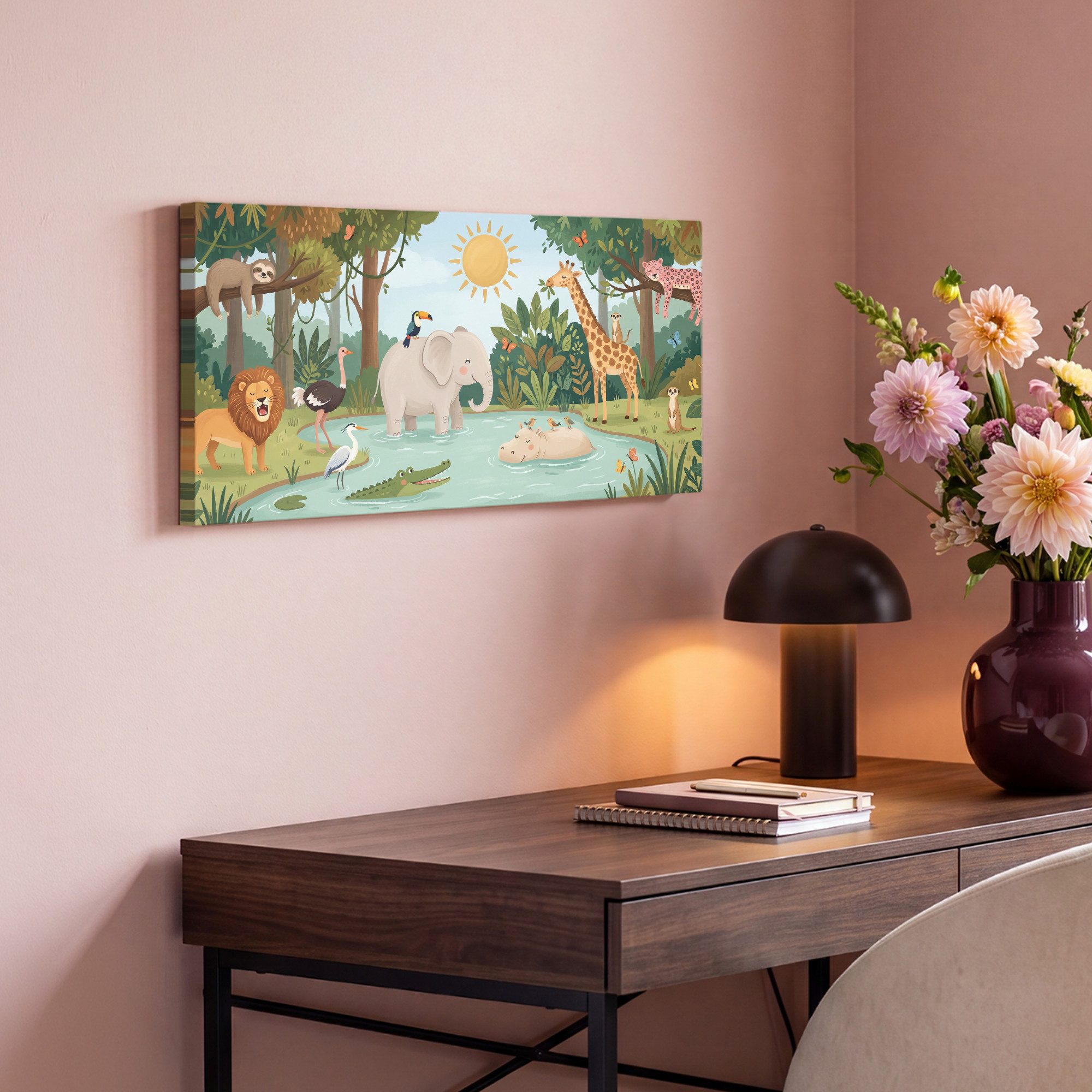 OneMillionCanvasses® Leinwandbild Panorama Dschungel - Oase - Tiere - Farbenfroh, Fotodruck (1 St), Wandbild, Deko Schlafzimmer Wohnzimmer Flur 40x20 cm – Bild 4 von 5