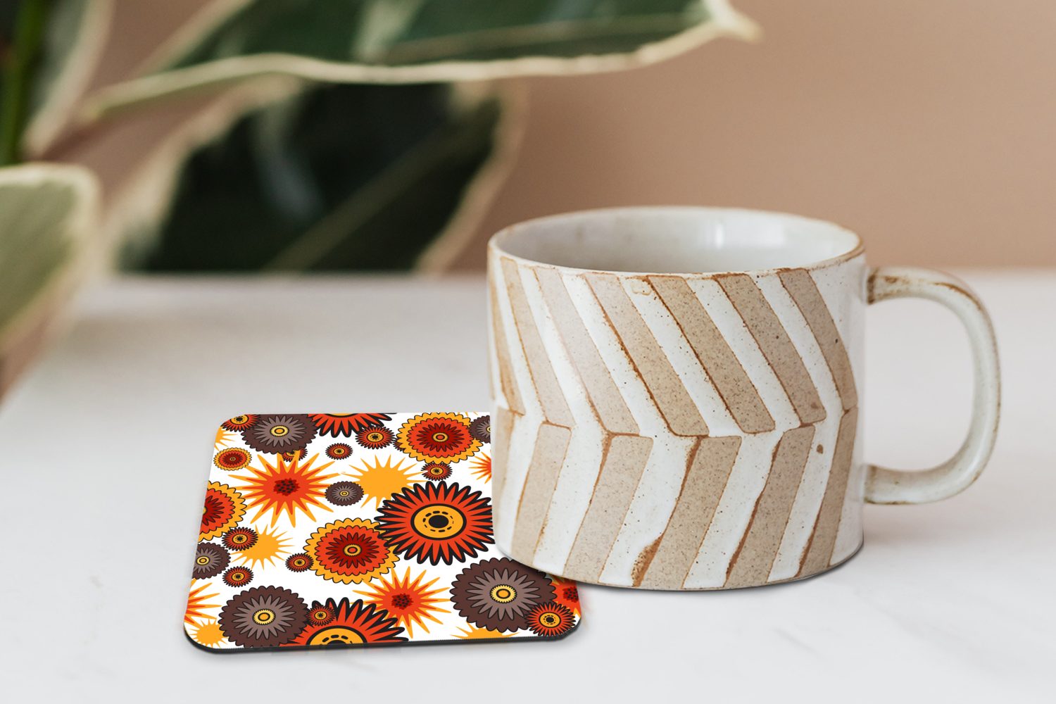 MuchoWow Zubehör Gläser, Glasuntersetzer Orange Tasse - - Blumen, für Retro - Tischuntersetzer, Design 6-tlg., Untersetzer, Korkuntersetzer, Glasuntersetzer,