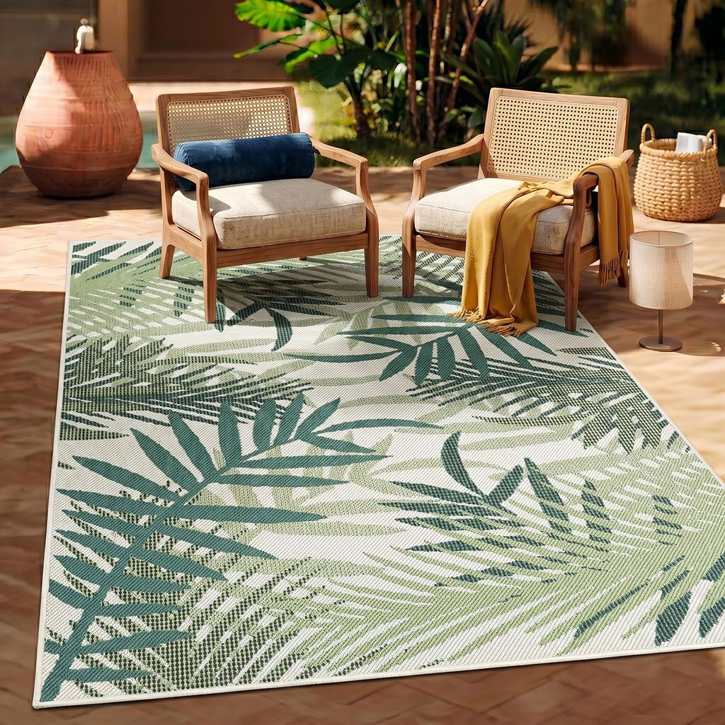 Vimoda Outdoorteppich Teppich wasserresistent In- und Outdoor Kurzflor Palmen Muster, Rund, Höhe: 4.5 mm, Outdoorteppich Grün & Schwarz für Terrasse Balko schnell trocknend
