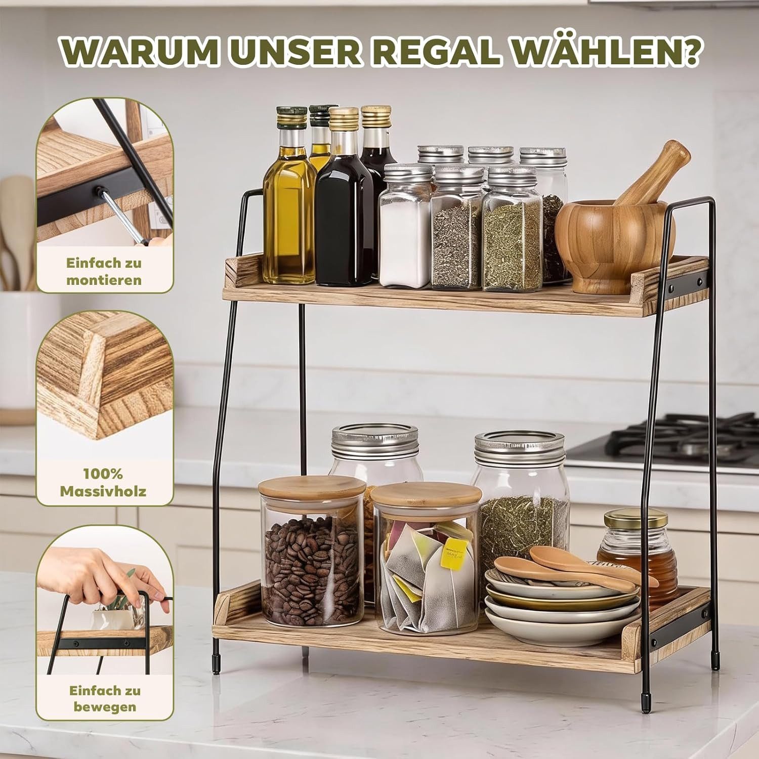 BlingBin Küchenregal 38×19×38 cm Gewürzregal aus Holz & Metall, 2 Etage Organizer-Regal, 2er Set 2-tlg., Stehend Gewürzständer mit Arbeitsplatte für Küche, Zuha – Bild 3 von 5
