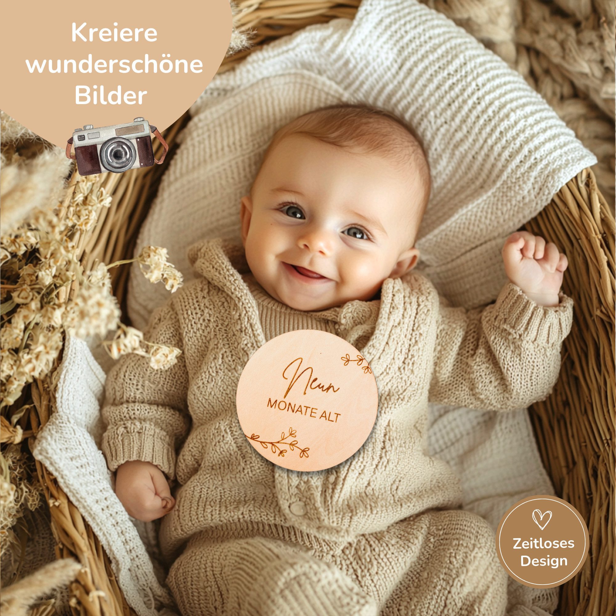 MeinBaby123® Geburtskarte 40 nachhaltige Baby Meilensteine aus Holz inkl. Baumwollsäckchen, Meilensteinkarten Baby, Geschenk zur Geburt, FSC geprüftes Holz