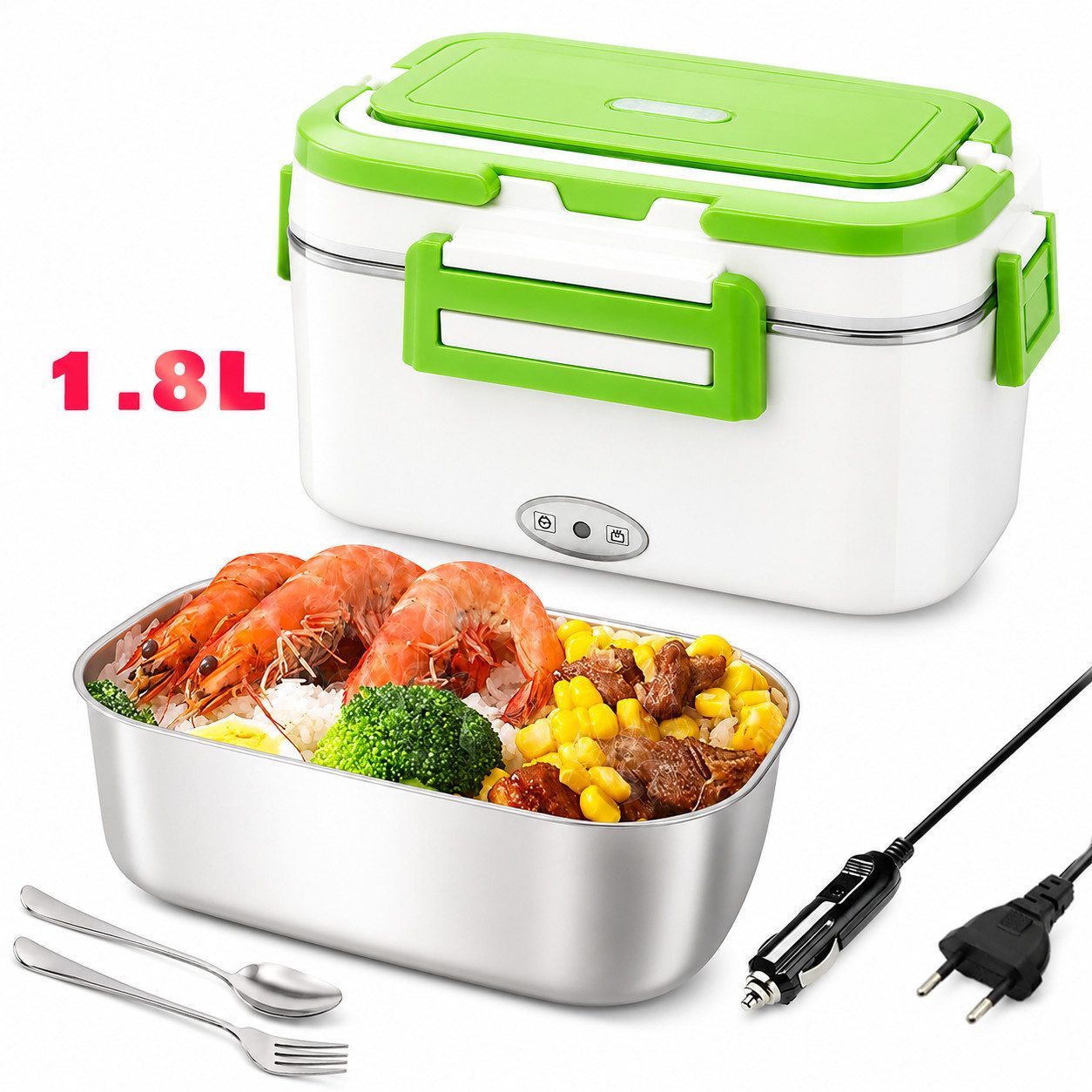 Luckice Elektrische Lunchbox 1,8 L, 80 W, 12 V/24 V/240 V, 304-Edelstahlbehälter,Warmhaltefunktion, (auslaufsicher, Besteckfach, inkl. Löffel, Gabel & 2 Stromkabel, für Auto, LKW, Büro und Zuhause, Tragegriff), tragbare elektrische Dose