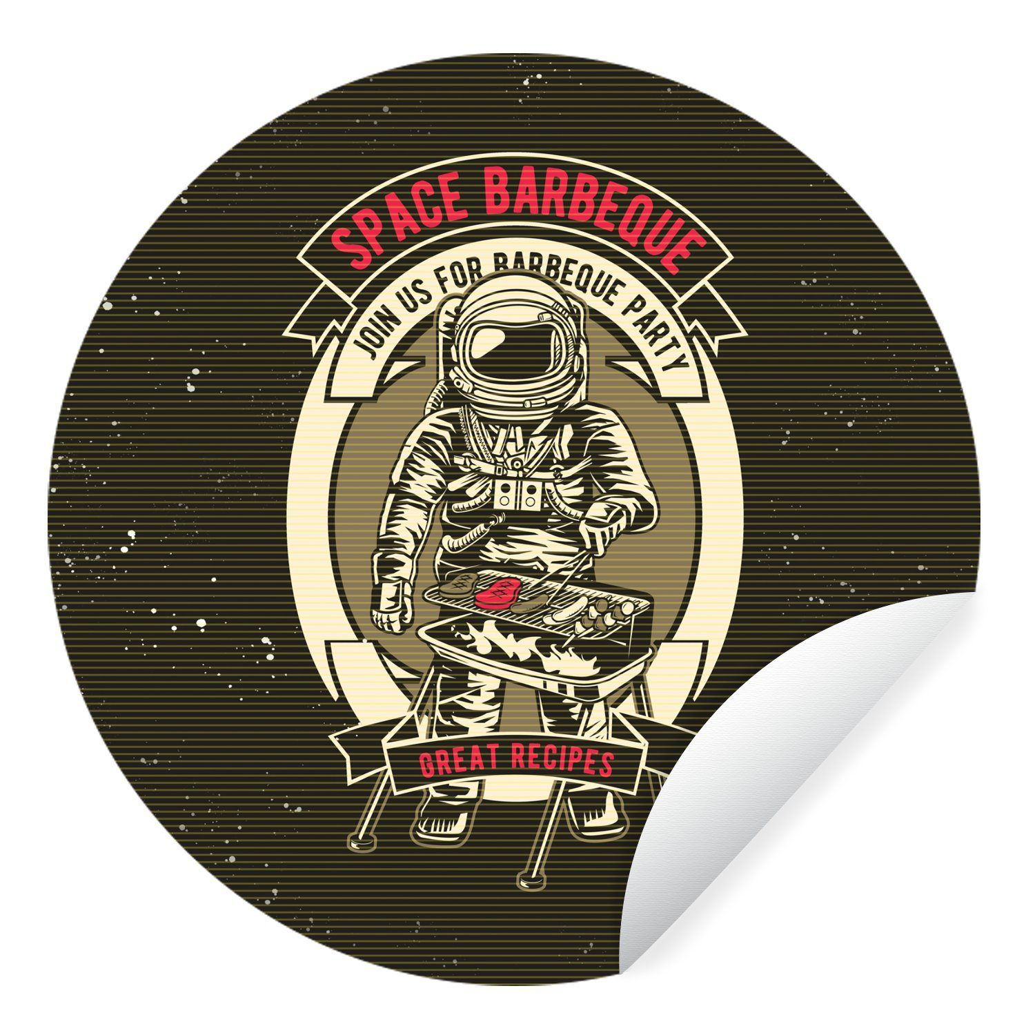 MuchoWow Wandsticker Jahrgang - Astronaut - BBQ (1 St), Tapetenkreis für Kinderzimmer, Tapetenaufkleber, Rund, Wohnzimmer