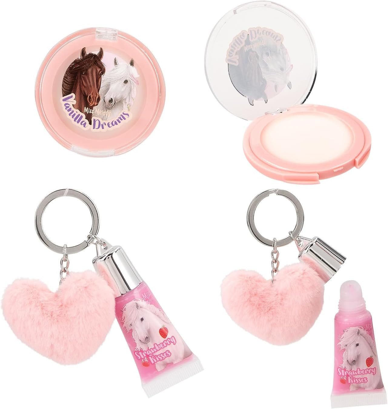 Depesche Schmuckset Miss Melody Lipgloss Set im Pferde Design für Kinder, 2 Glosse, Fruchtige Düfte, inkl. Plüsch Anhänger, Pink – Bild 4 von 5