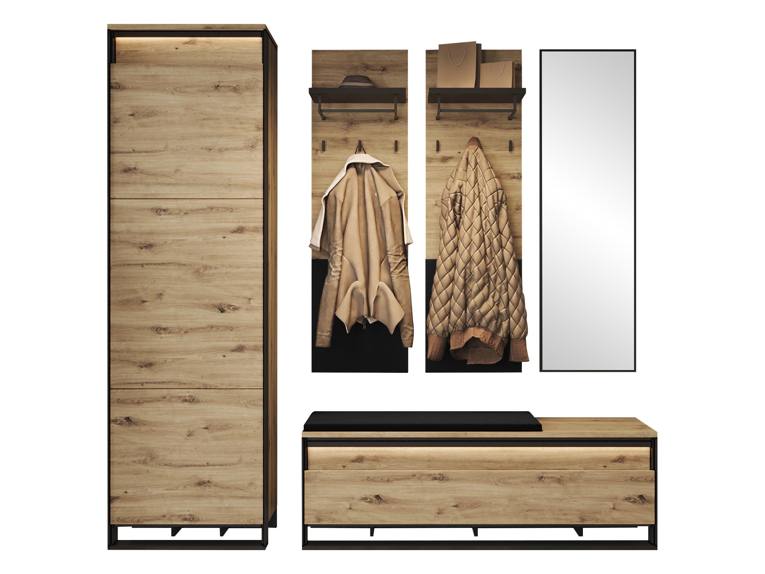 MIRJAN24 Garderoben-Set Quant VIII, (5er-Set, Kleiderschrank, Schuhschrank, Spiegel, Kleiderhakenbrett), mit LED-Beleuchtung