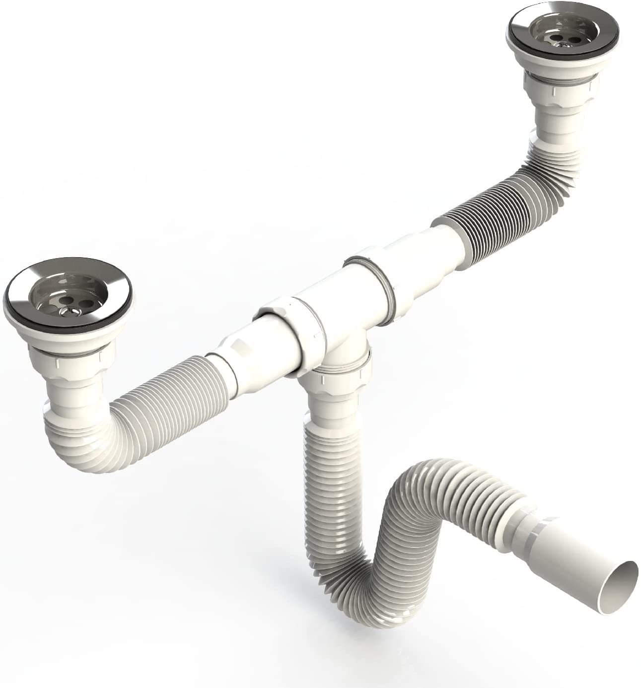 Uzman Siphon Doppelsiphon mit Flexiblem Schlauch, Doppelanschluss, Spülbecken