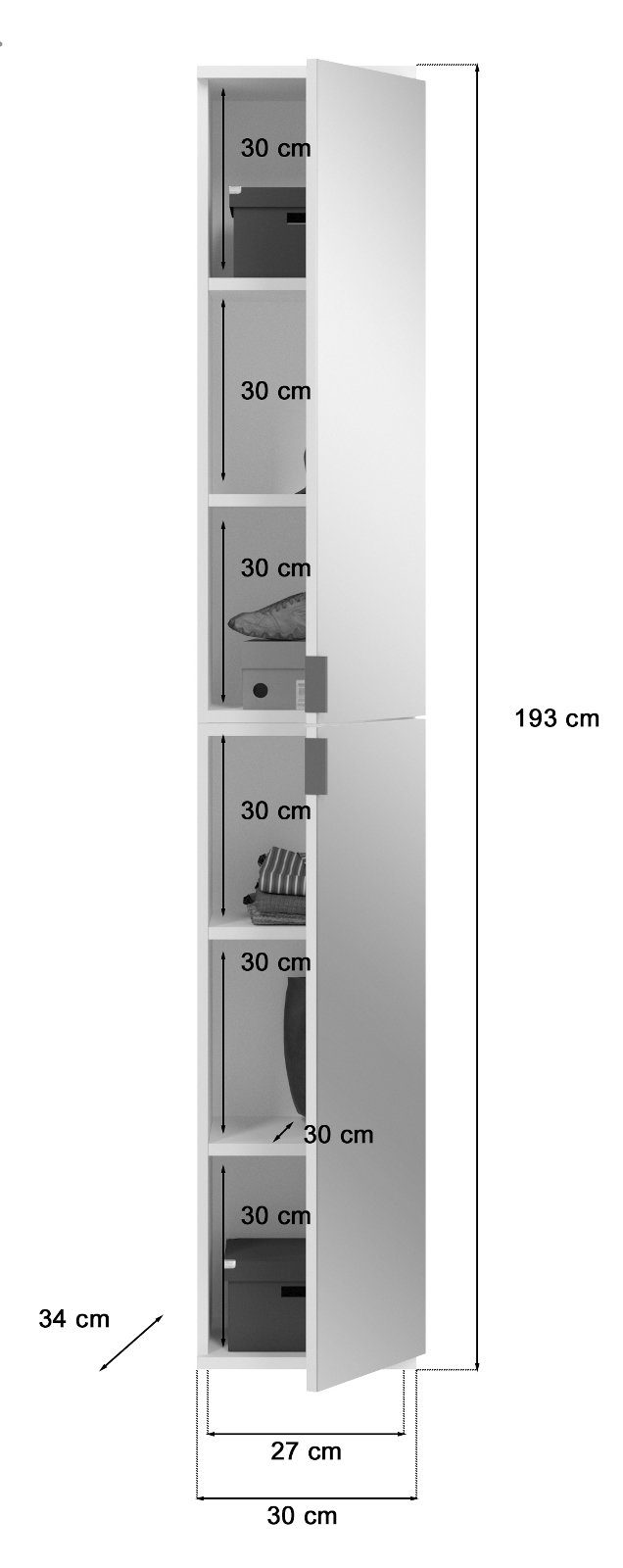 xonox.home Garderobenschrank 193 cm) 91 weiß variable mit Inneneinteilung 6 x (Kompakt-Garderobe ProjektX Spiegeltüren, in