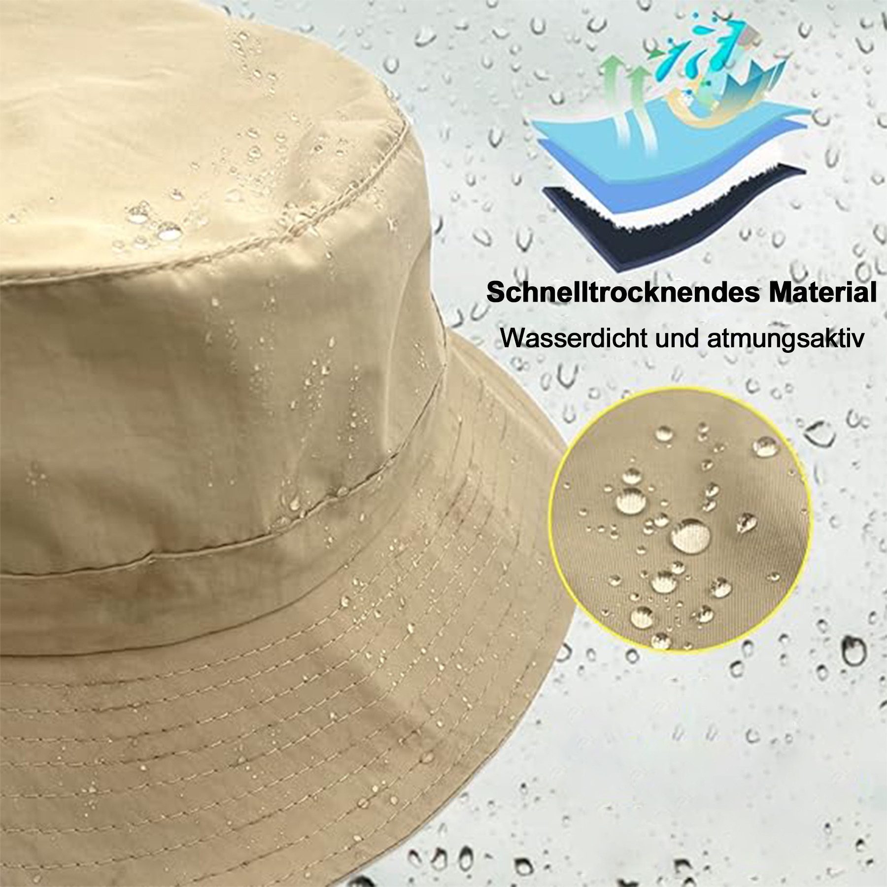 Mutig Fischerhut Sonnenhut Damen Herren, Wasserdichter Fischerhut mit Kinnriemen (UV Schutz Sommer Hut, Faltbar und Schnell trocknend, Leichter Outdoor Regenhut) für Wandern, Strand und Reisen