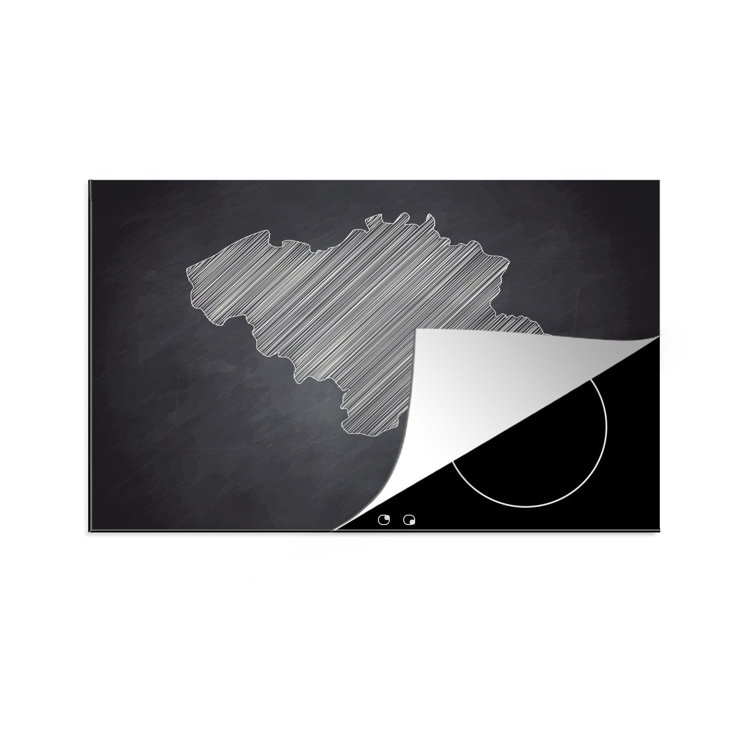 MuchoWow Herdblende-/Abdeckplatte Schwarze und weiße Illustration von Belgien auf einer Kreidetafel, Vinyl, (1 tlg), 81x52 cm, Induktionskochfeld Schutz für die küche, Ceranfeldabdeckung