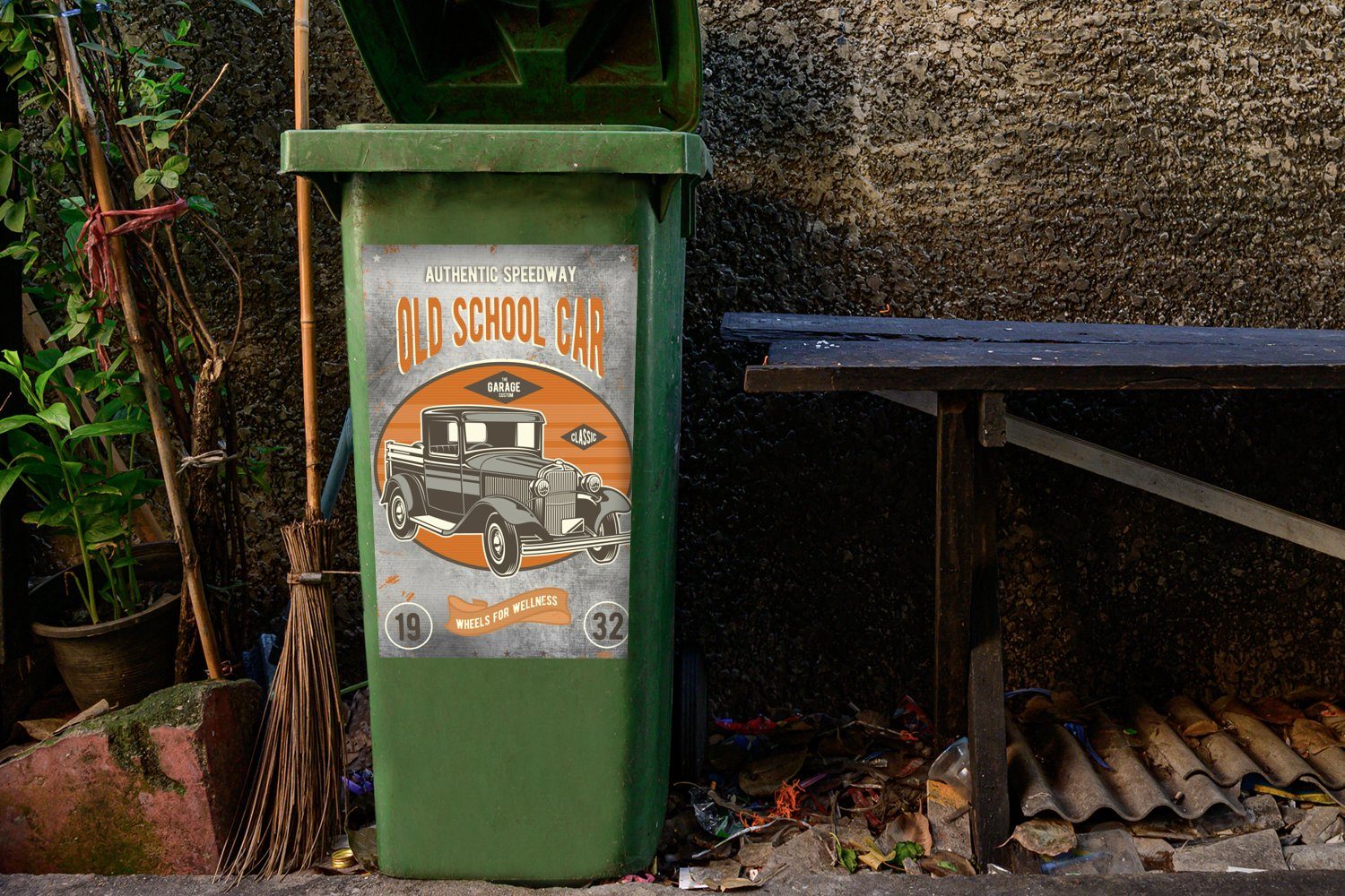 Mancave Mülleimer-aufkleber, Retro (1 Abfalbehälter Sticker, - Wandsticker Container, - St), - Auto Mülltonne, MuchoWow Zeichnung