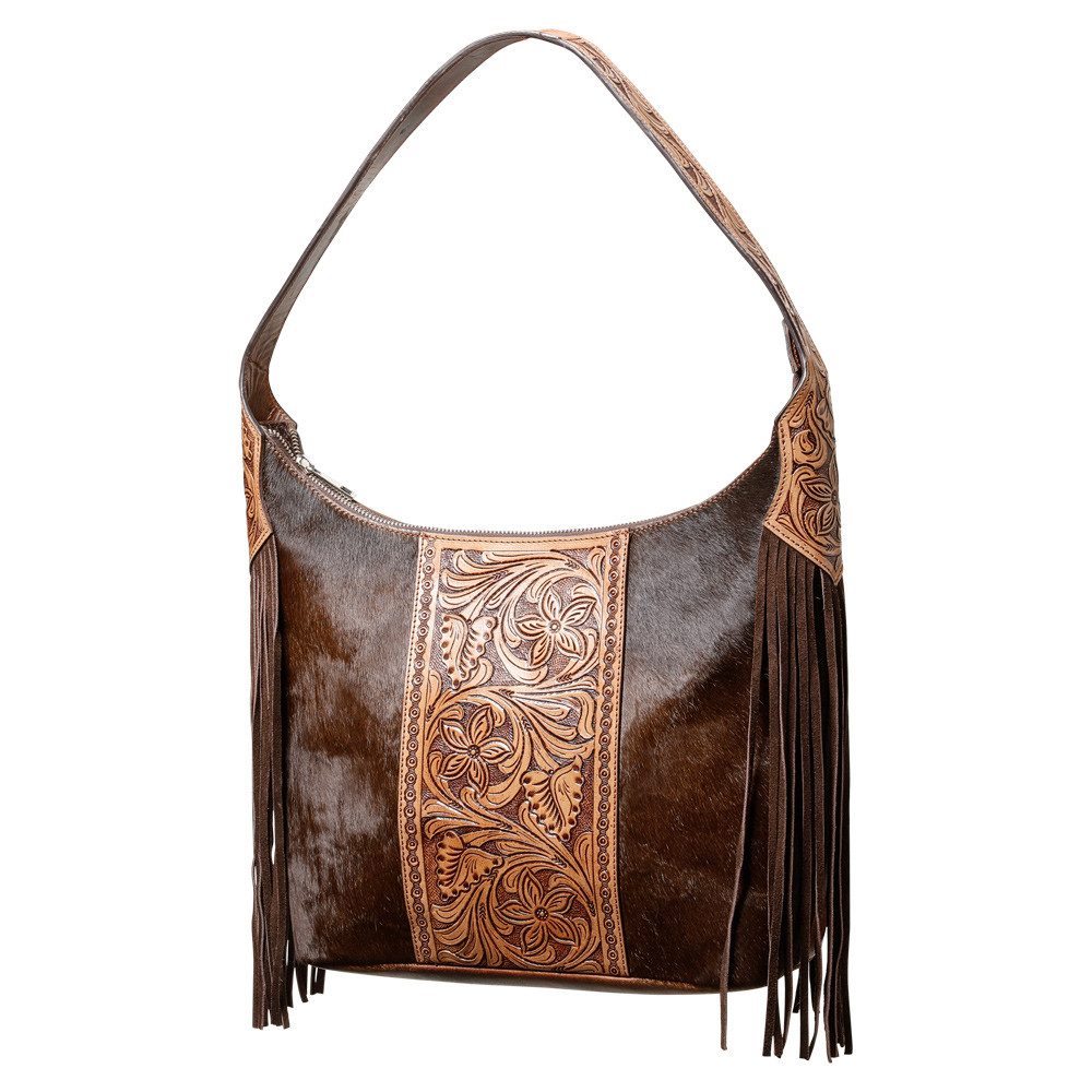 Stars & Stripes Umhängetasche Bag 11, Handpunzierte Ledertasche mit Fransen und Felleinsatz