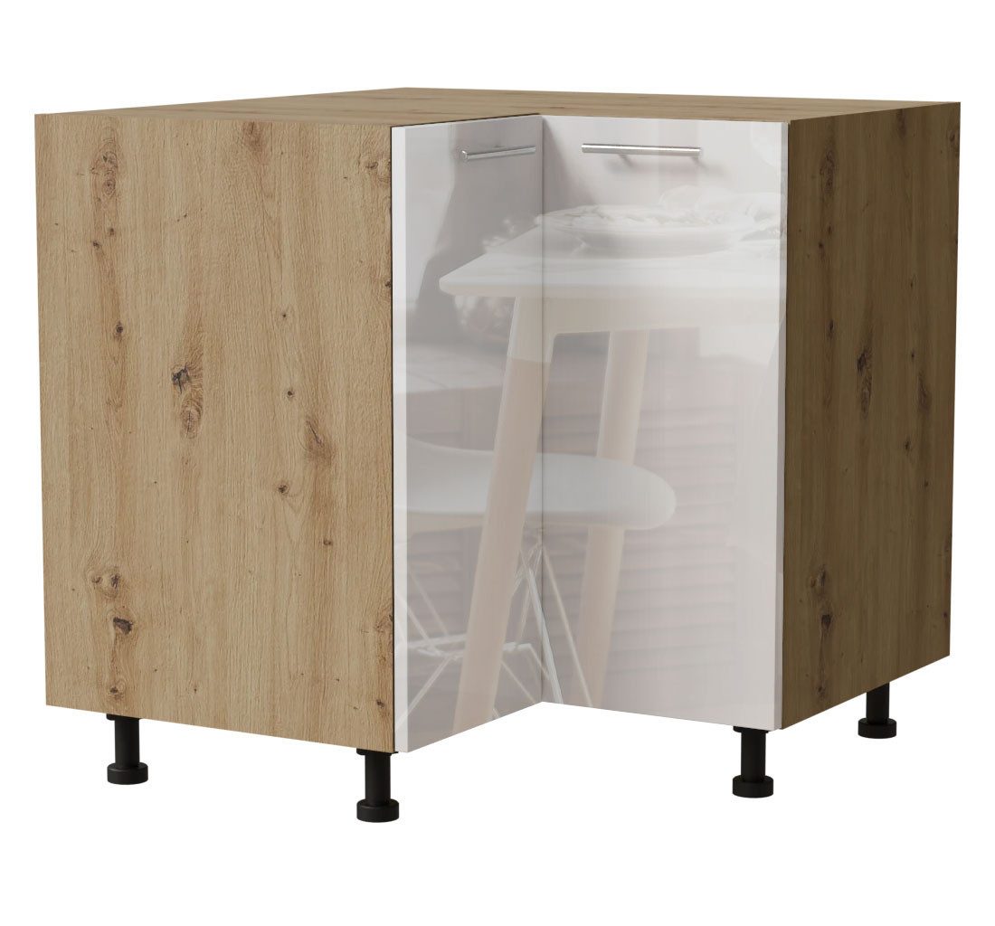 Feldmann-Wohnen Eckschrank Essen (D12/90, 2 Türen, 1-St., moderne Optik, Acrylfronten mit Glaseffekt) 84x84cm Eiche Artisan / Weiß Hochglanz ohne Einlegeboden