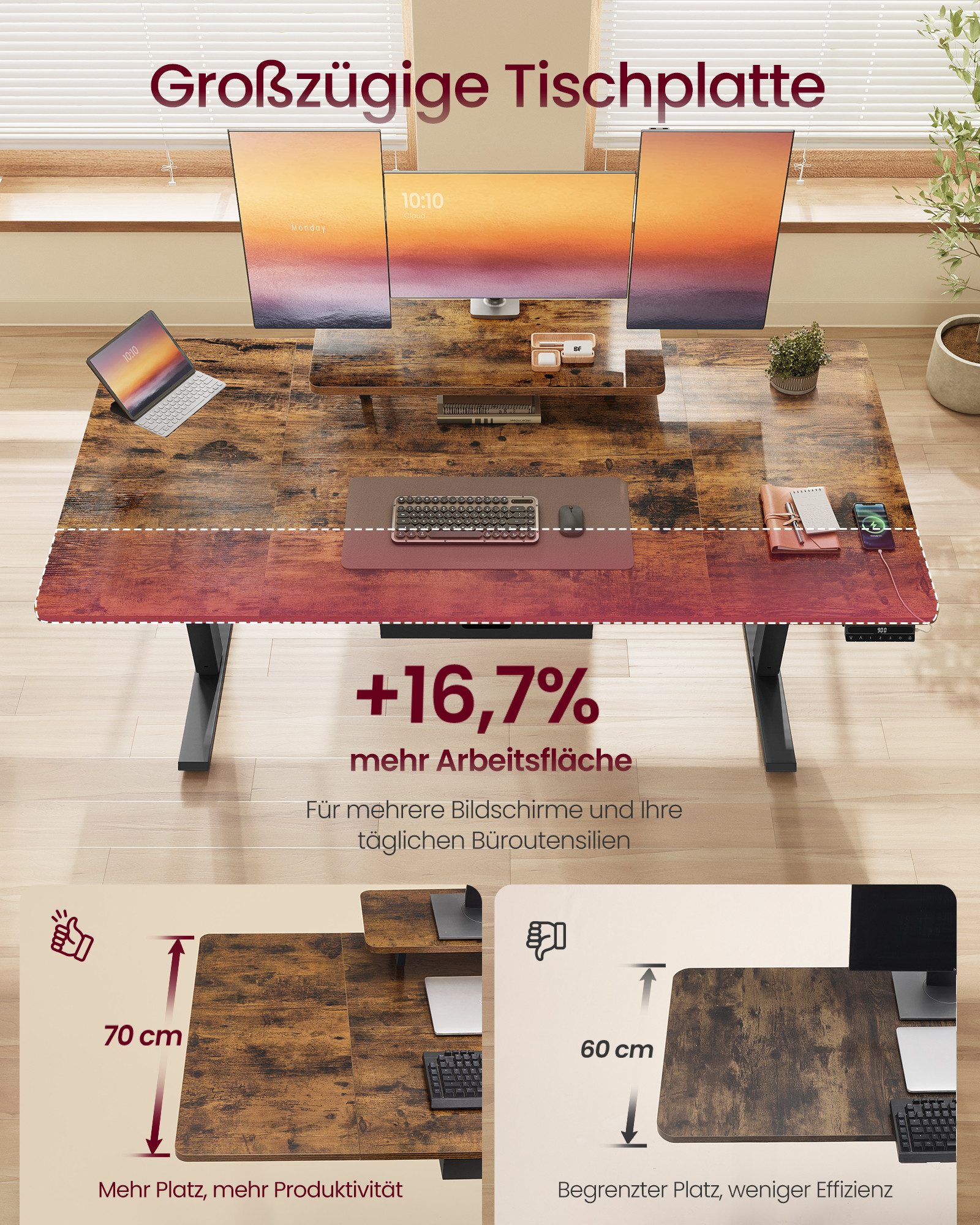 VASAGLE Schreibtisch Höhenverstellbarer, flexibel montierbarer Monitorständer, Schublade, USB-C-Anschluss, Erinnerung bei langem Sitzen