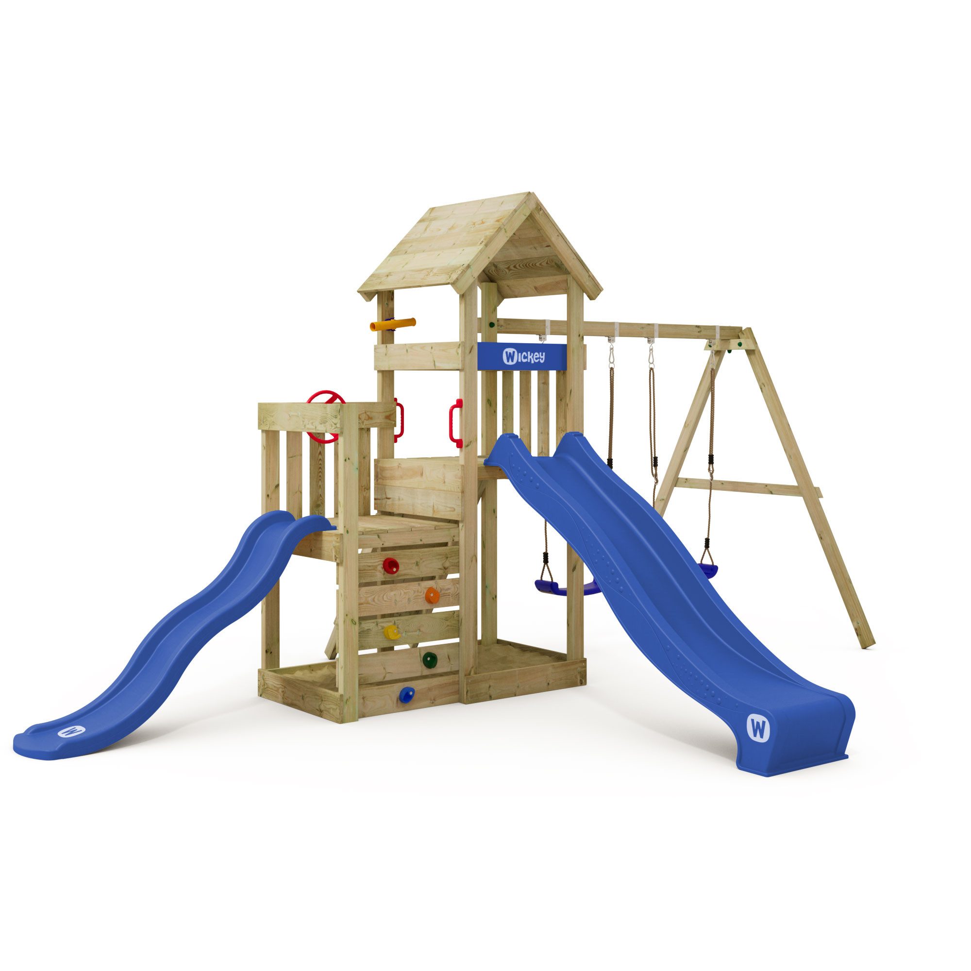 Wickey Klettergerüst SkyFlyer Spielturm mit 2 Podesten, 2 Rutschen & Doppelschaukel, (Wetterfester Massivholz Kletterturm für Outdoor-Abenteuer, Kletteranbau fördert Gleichgewicht, Bewegung & Motorik), Abenteuer für kleine & große Kinder mit 10 Jahren Garantie*