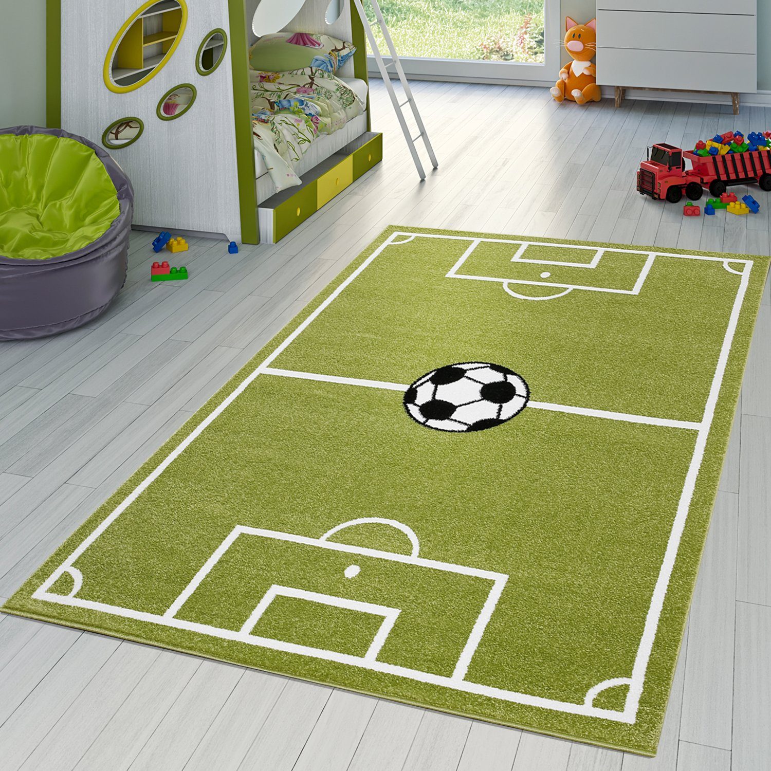 Kinderteppich Kinder Teppich Fußball Spielen Kinderzimmerteppiche Fußballplatz in Grün Creme, TT Home, rechteckig, Höhe: 13 mm
