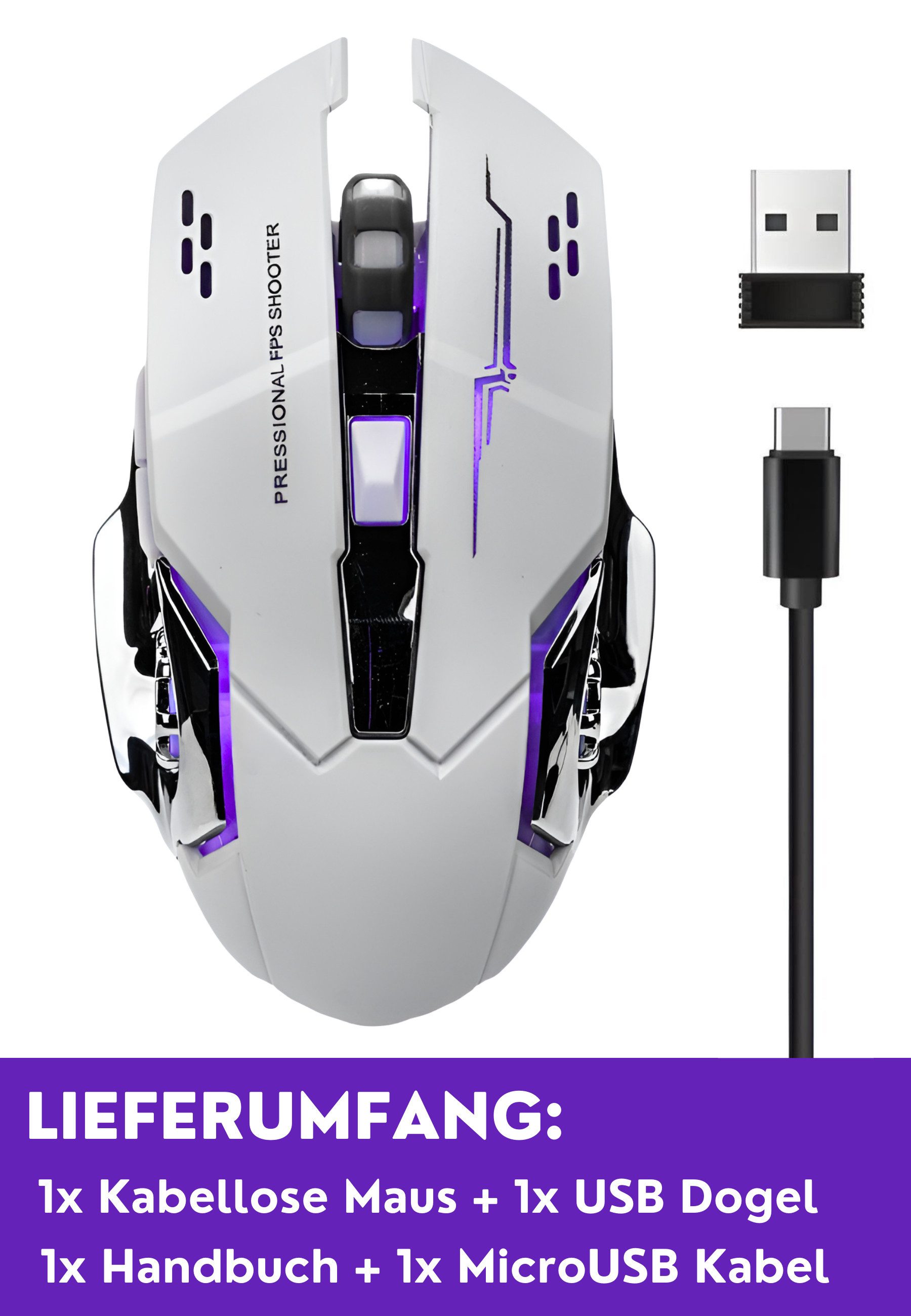 S&T Design Gaming Maus Kabellos RGB Wireless USB Gaming-Maus (Funk, 2400 dpi, Plug & Play 7 Tasten Extrem Leise Schwarz Weiss) – Bild 4 von 4