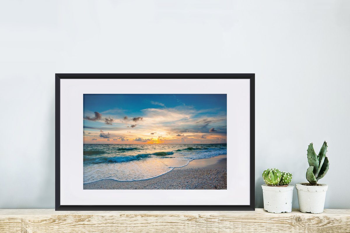 MuchoWow Poster Strand - Meer Bilderrahmen mit Schwarzem Rahmen, Kunstdruck, St), Sonnenuntergang, - Poster, Gerahmtes (1