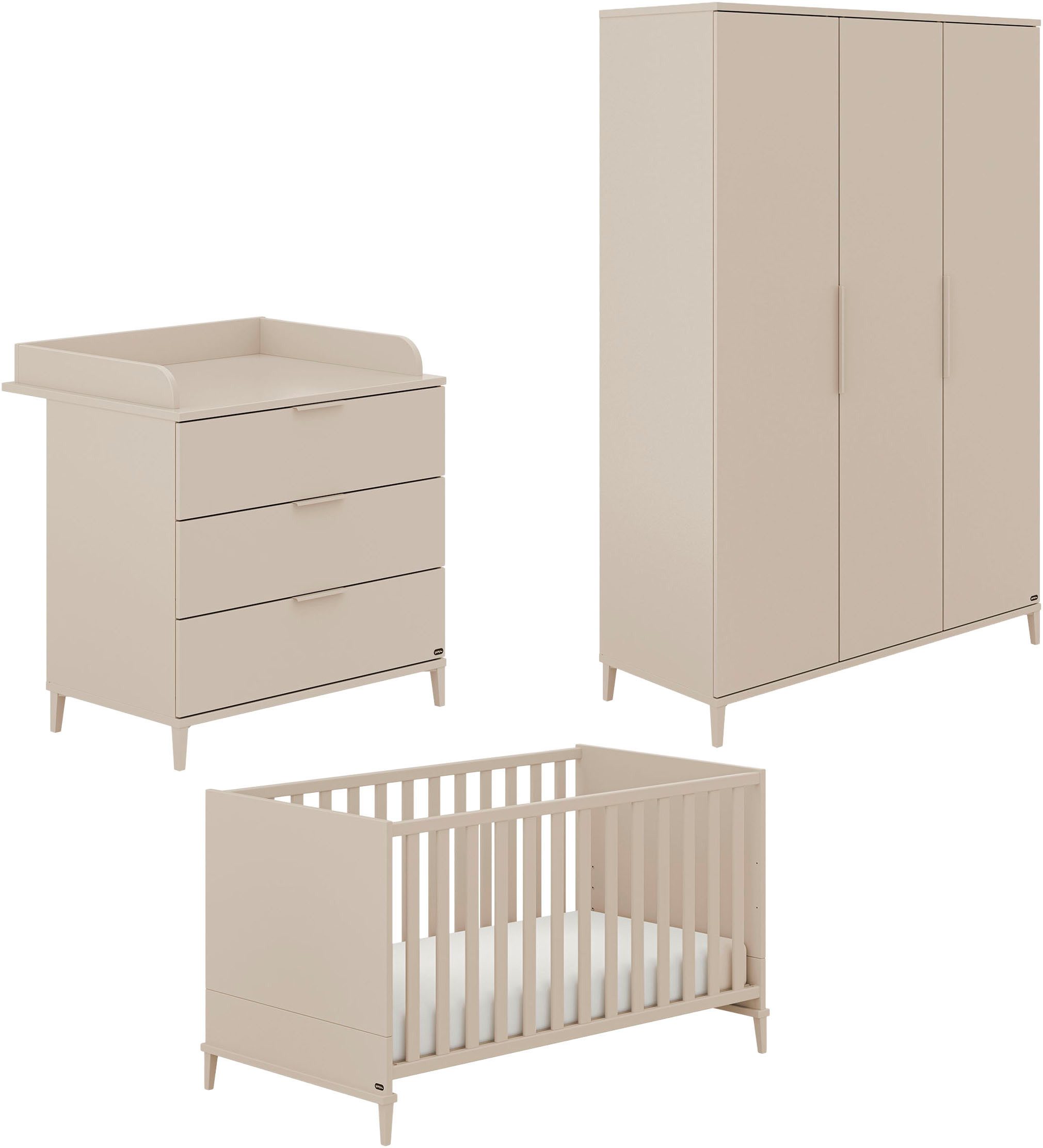 YUNY by PAIDI Babymöbel-Set SISTER LOU, 3-teiliges Babyzimmer in Beige, modernes Komplettset, (Spar-Set, 3-tlg., 70x140cm Babybett, Kleiderschrank 3-türig, Wickelkommode inkl. Aufsatz), Kinderzimmer, Soft-Close-Funktion, Mitwachsendes Bett inkl. Lattenrost