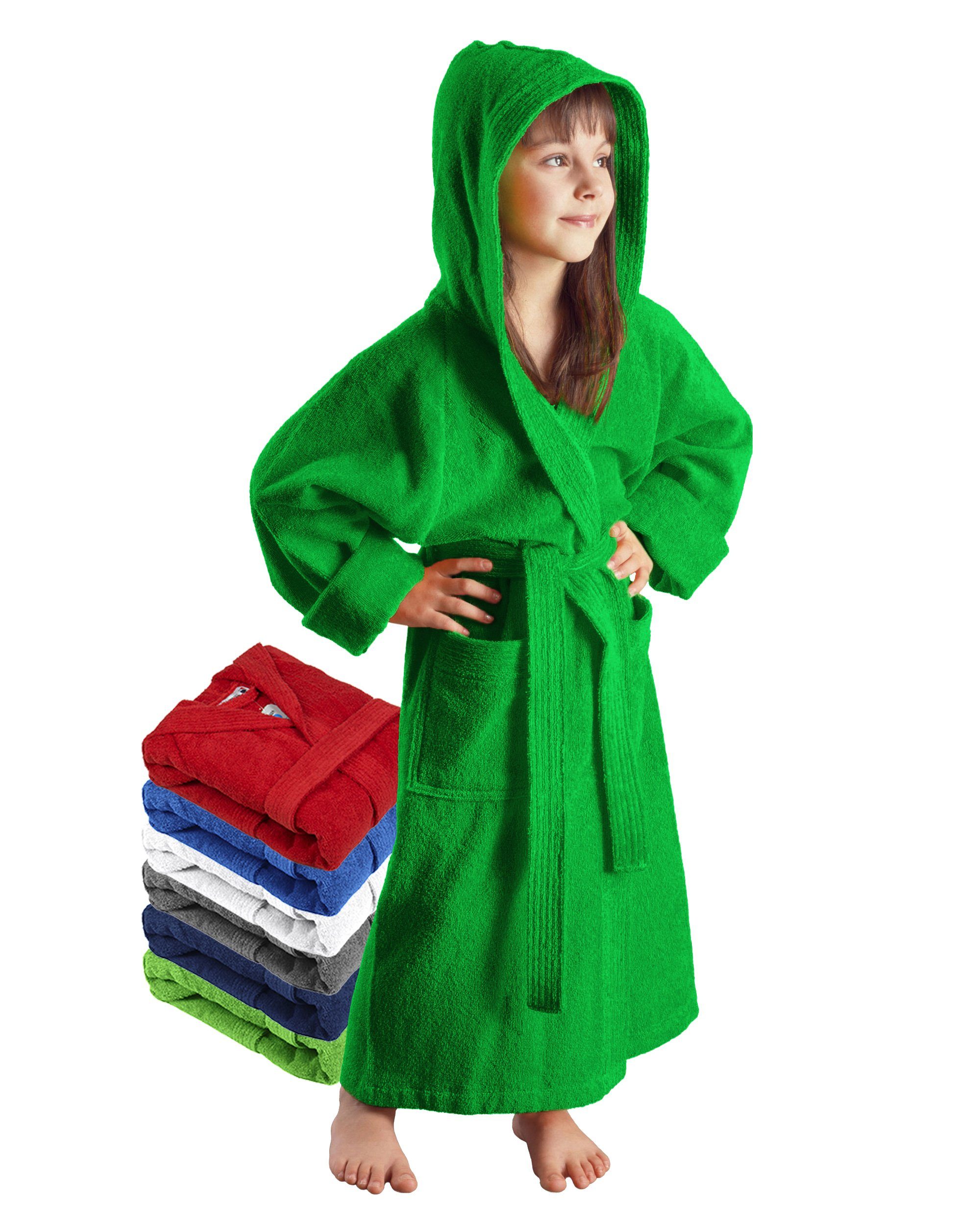 Arus Kinderbademantel für Jungen und Mädchen, mit Kapuze, 100% Baumwolle, mit zwei Taschen, farbenfroh Froschgrün