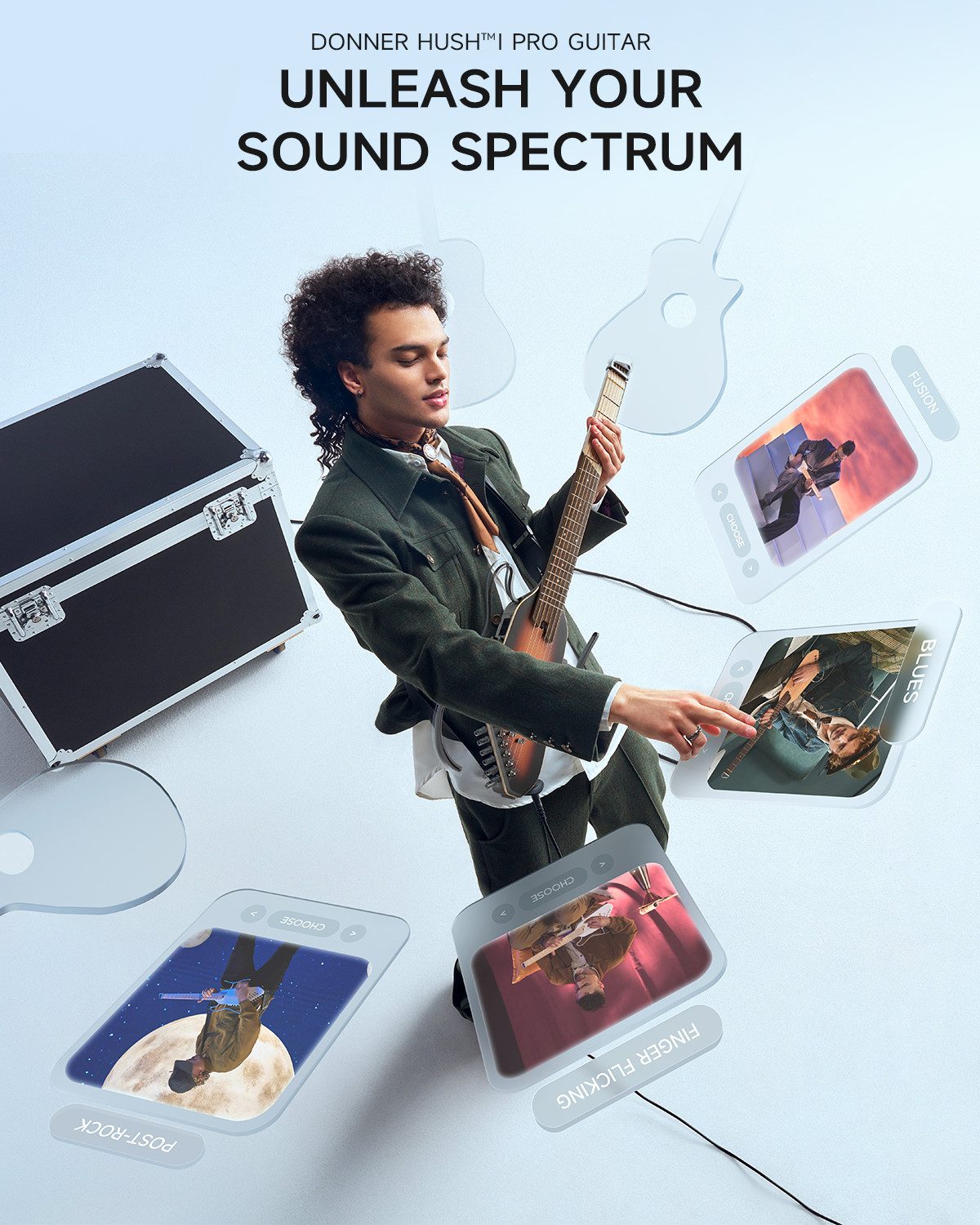Donner Akustikgitarre HUSH I PRO Reisegitarre Effekte Smart E-Gitarre Set mit Kopfhörer, Matt Federleichte kopflose Gitarre, Kopfhörer, Gigbag, Gurt, Ladekabel, Ideal für Reisen und zum Üben