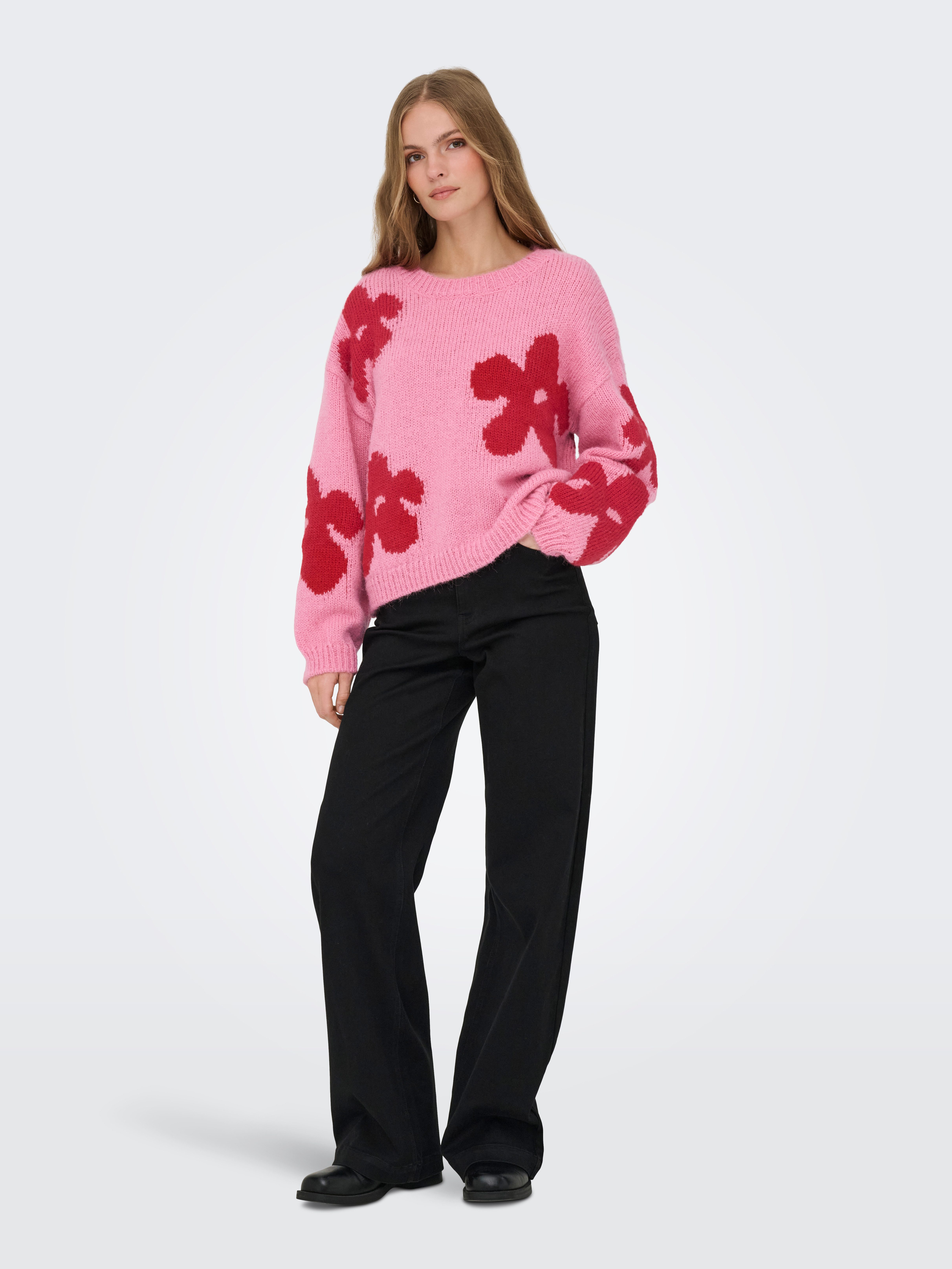 ONLY Strickpullover ONLBOOTLE LIFE LS FLOWER O-NECK KNT Kunstfaser, loose fit