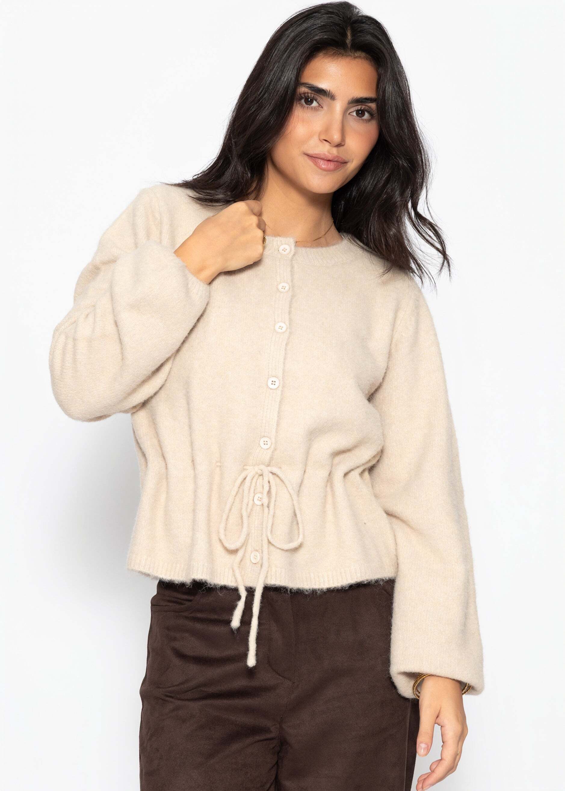 SASSYCLASSY Cardigan Cardigan mit Knopfleiste und Kordelzug für Damen Lockere Jacke mit weiten Ärmeln in Beige