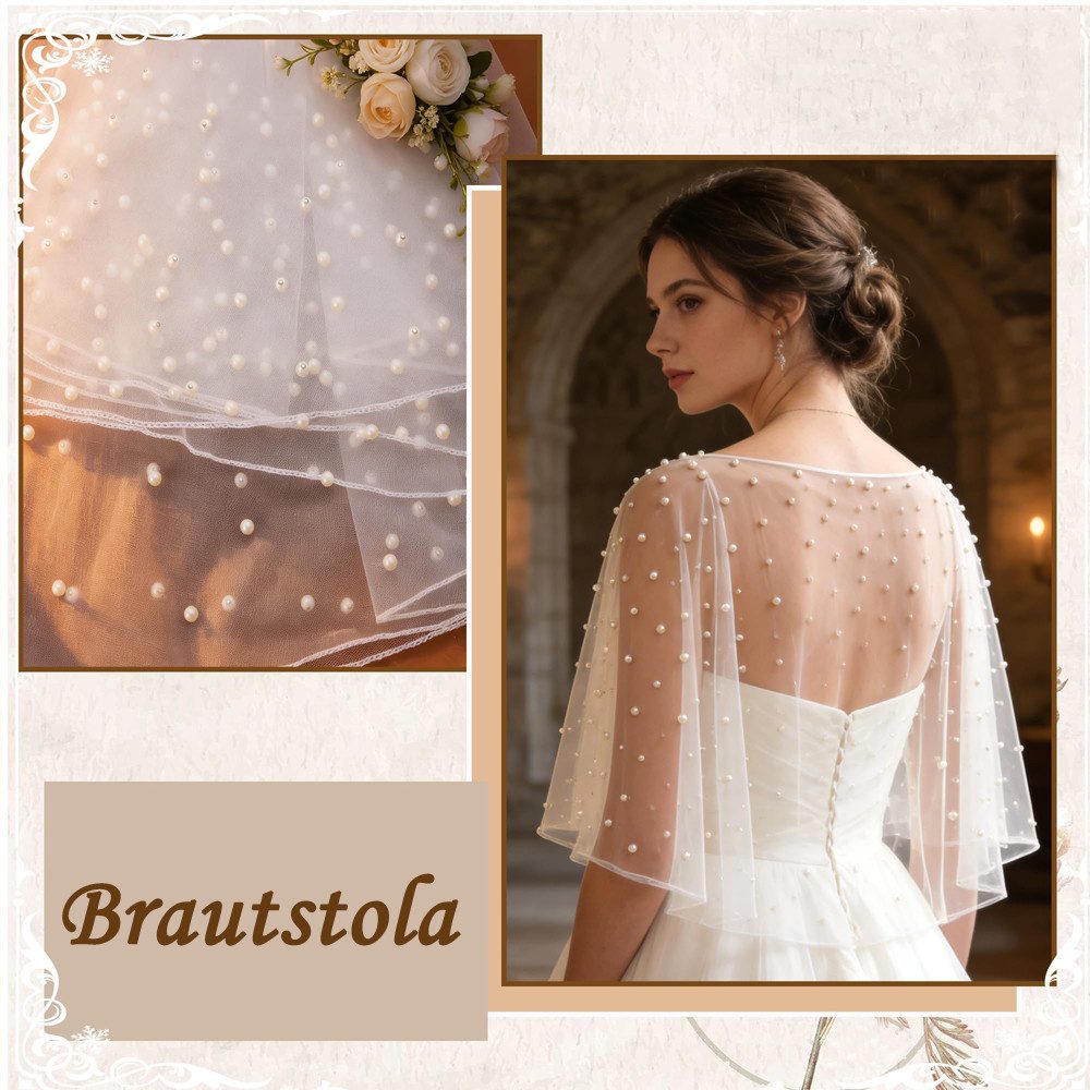 Zaewry Modeschal Perlen-Schultertuch / Bolero für Braut – Satinkante, Eleganter Tüll, Hochzeitsschal für Abendkleid & Brautkleider