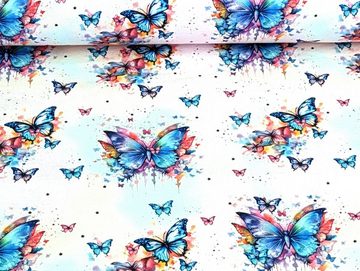 Corileo Stoff Eigenproduktion Baumwolljersey Regenbogen Schmetterling auf Hellrosa