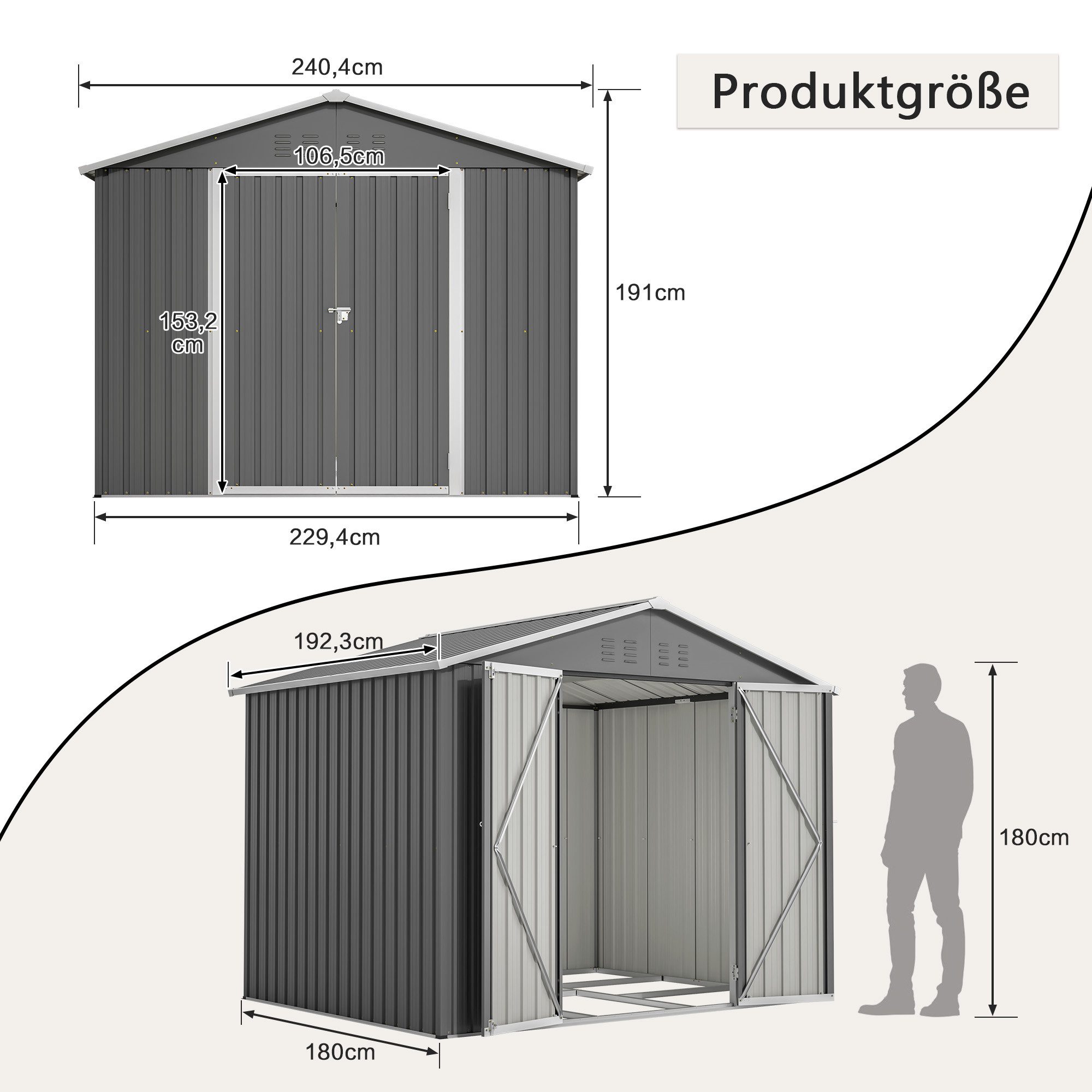 BlingBin Gerätehaus Gartenhaus Geräteschuppen mit Doppeltüren & Schloss, BxT: 240x180 cm, (1 St., mit Doppeltüren & Schloss), wasserfester Lagerraum für Terrasse/Hinterhof inkl. Boden