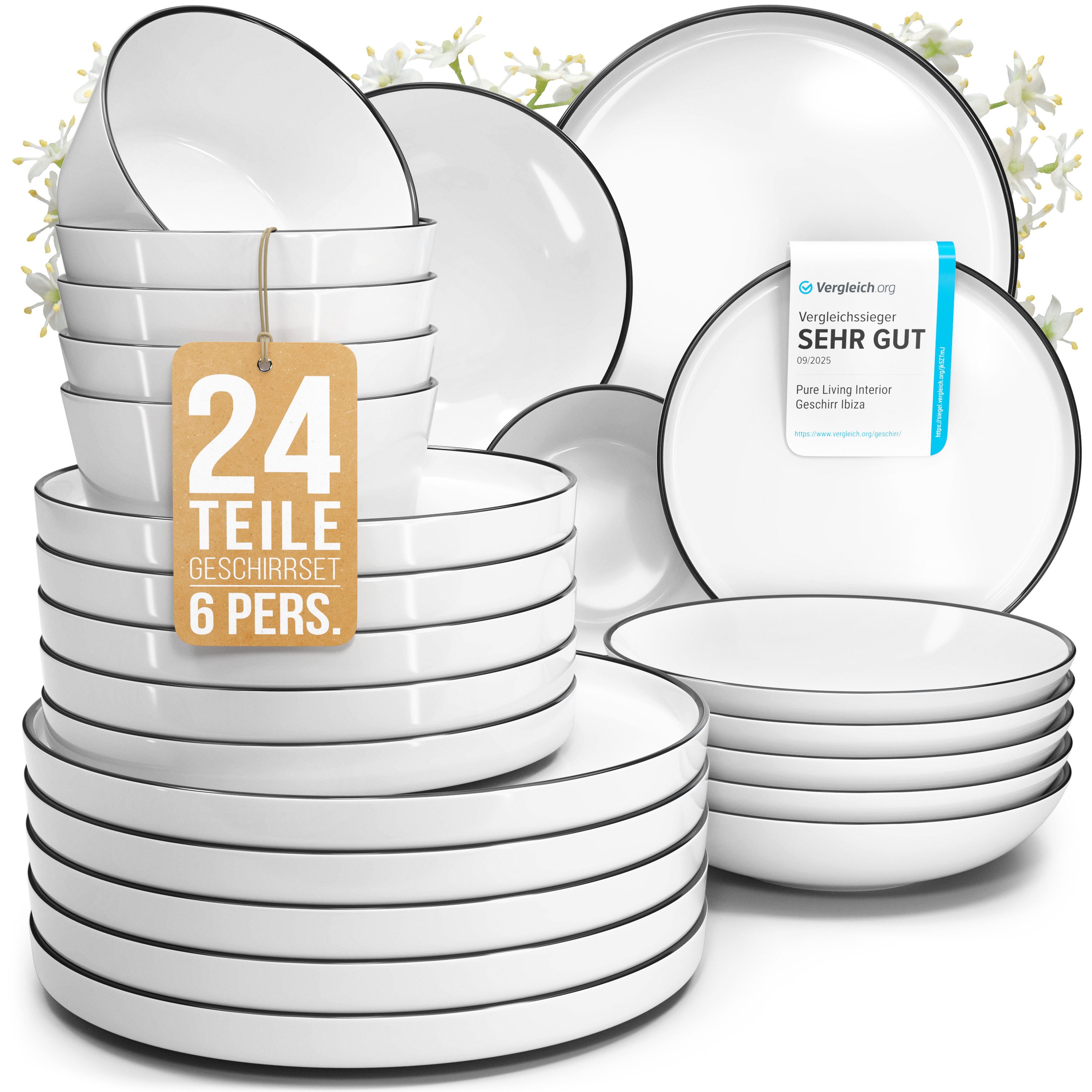 PURE LIVING INTERIOR DESIGN Geschirr-Set Scandi aus Porzellan, 24-tlg., für 6 Personen, Weiß - Schwarzer Rand (24-tlg), 6 Personen, Porzellan