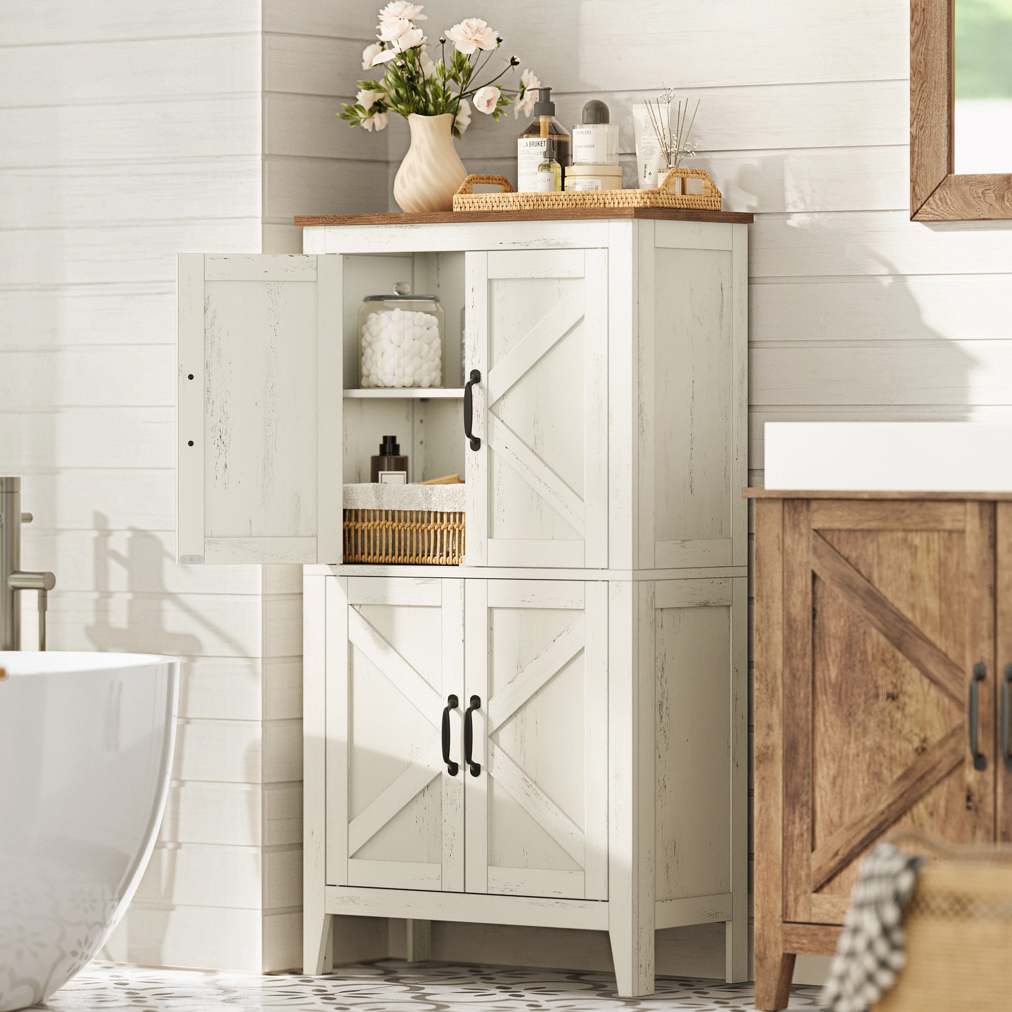 VASAGLE Badkommode Aufbewahrungsschrank Badschrank im Landhausstil, verstellbare Ablage, Badezimmerschrank, Schrank, offene Fächer, mit Türen – Bild 3 von 5