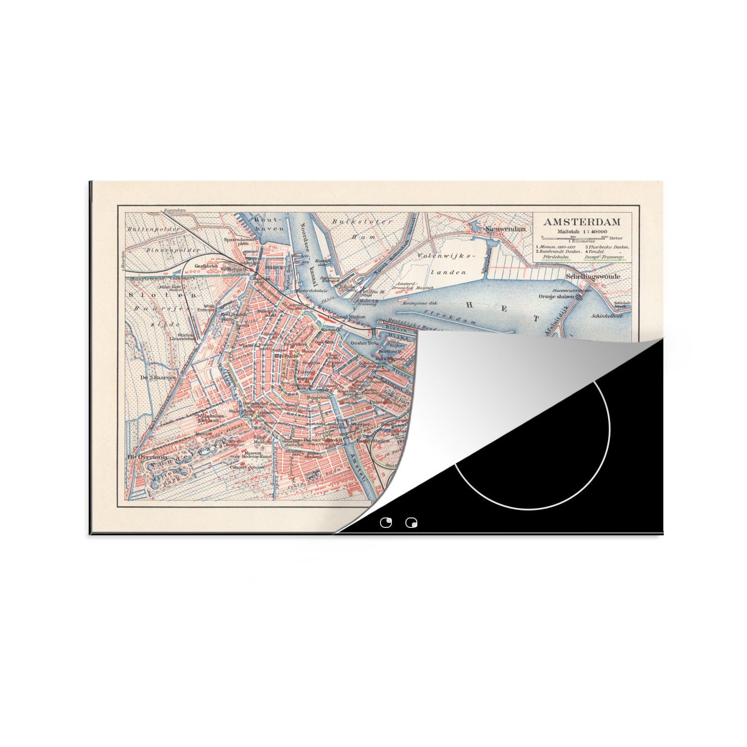 MuchoWow Herdblende-/Abdeckplatte Illustration eines Stadtplans von Amsterdam, Vinyl, (1 tlg), 81x52 cm, Induktionskochfeld Schutz für die küche, Ceranfeldabdeckung