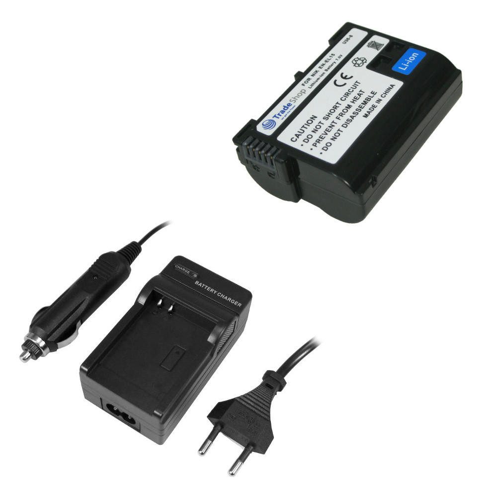 Trade-Shop 2in1 Set passend für Nikon Z 5, Z 6, Z 6 II, Z 7, Z 7 II Ladegerät + Kamera-Akku Li-Ion (7 V), Für 220V Steckdose und 12V/24V Kfz Zigarettenanzünder