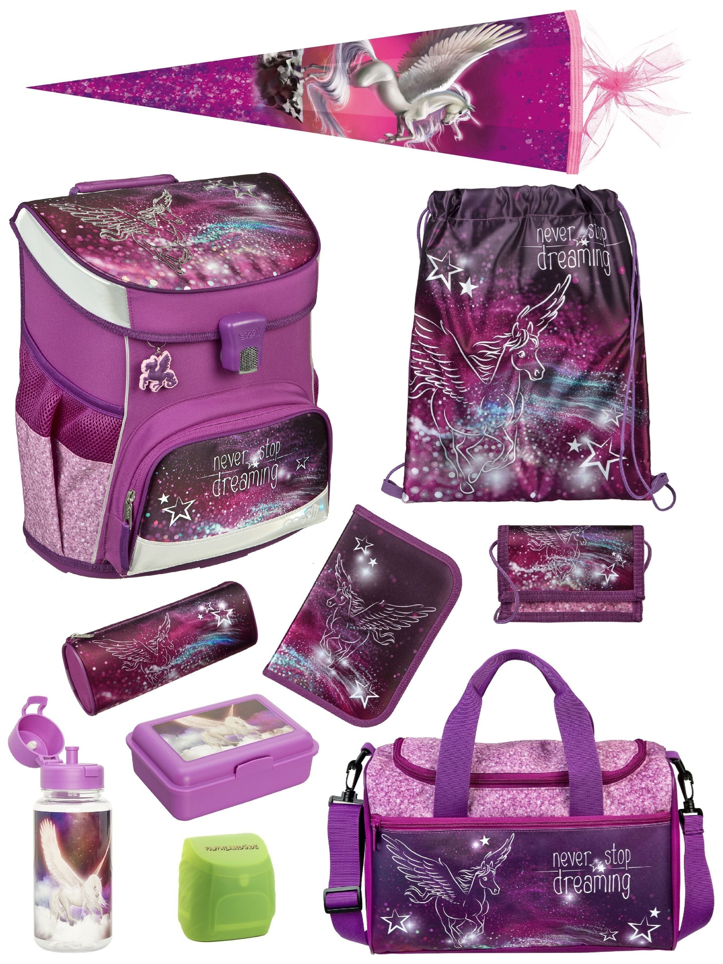 Scooli Schulranzen Campus Fit Pegasus Pferde Schultasche ab der 1. Klasse (Set, 10-tlg., inkl. Sporttasche und Schultüte / Zuckertüte), mit Brustgurt, 980 Gramm leicht, 18L Volumen