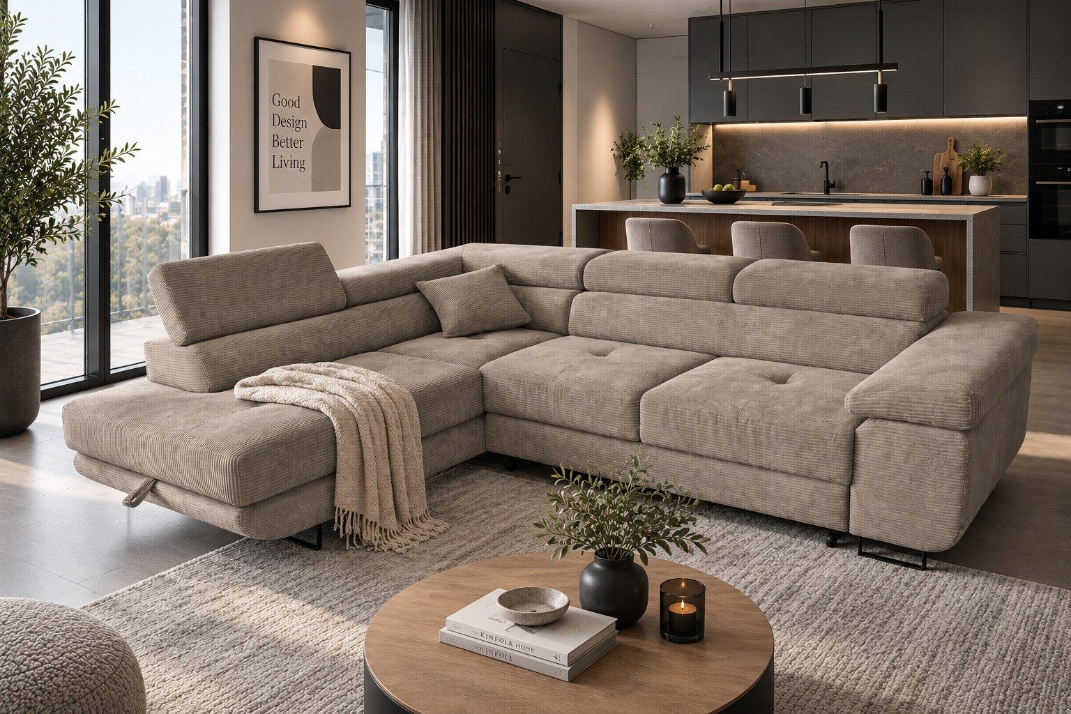 Labett Ecksofa mit Schlaffunktion & Bettkasten Links/Rechts Sofa L-Form GUSTAVO, Kopfstützen, Cordstoff, Schlafsofa