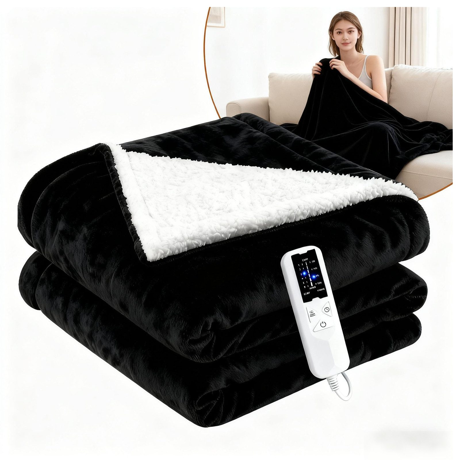 Nettlife Heizdecke Elektrisch Schwarz mit Überhitzungsschutz Waschbar Wärmedecke, für das Bett das Sofa und beim Camping( 200x180 cm/180x130cm) , 6-Stufen Heizung & Zeitschaltuhr Einfache Reinigung (30°C)