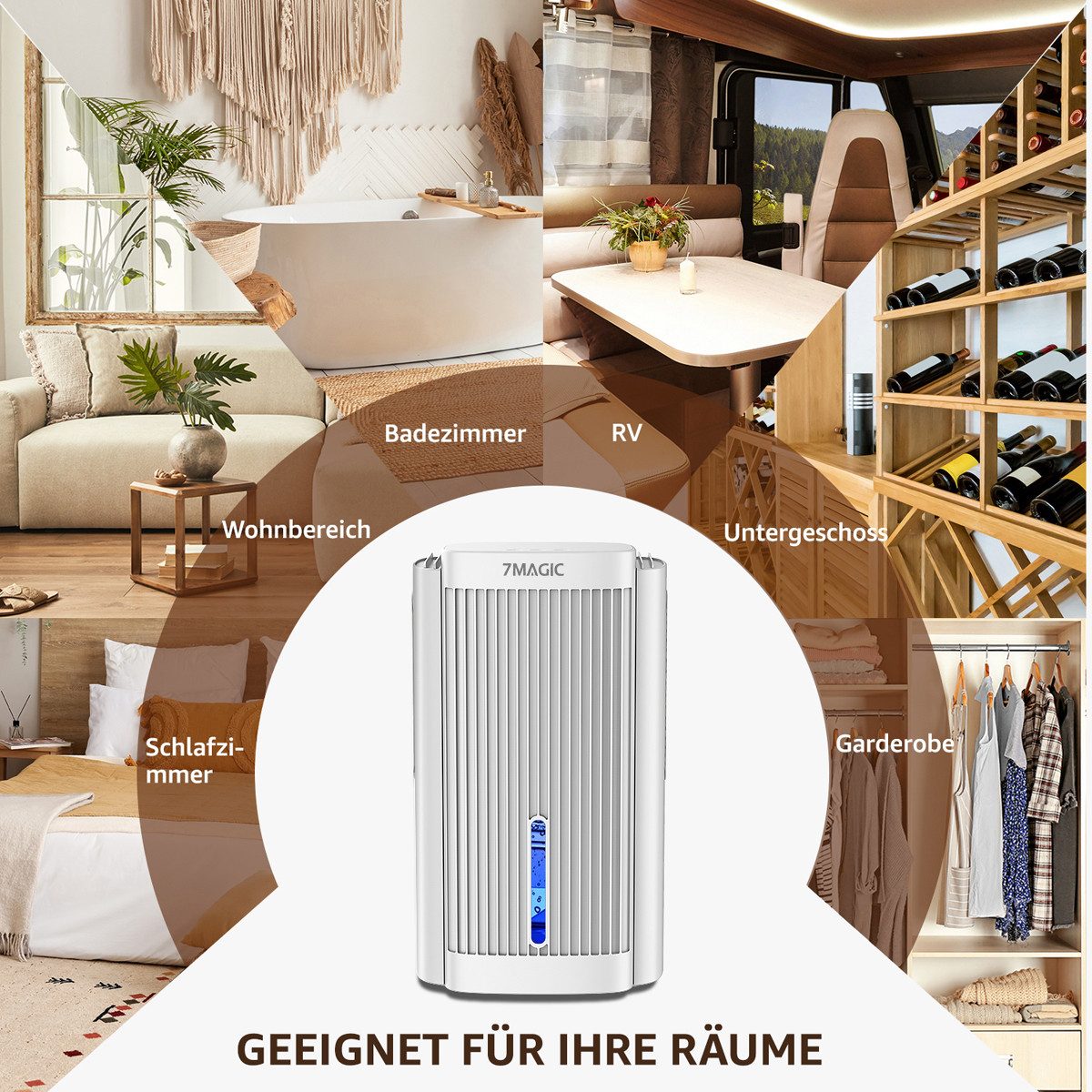 7MAGIC Luftentfeuchter, für 50 m³ Räume, Entfeuchtung 1,10 l/Tag, Tank 2,80 l, Luftentfeuchter Elektrisch, Entfeuchter Leise, Schlafmodus, LED-Licht