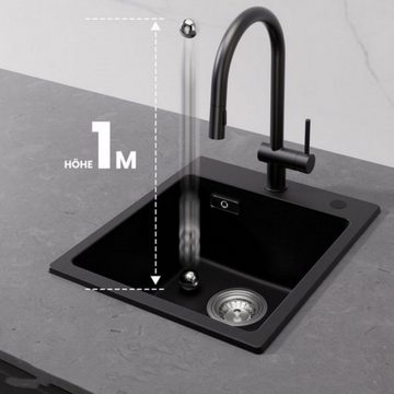 CECIPA Küchenspüle Quarzspüle Waschbecken aus schwarz Granit+ Seifenspender, 40*45cm, 40/18.5 cm, stark und robust, Granitspüle