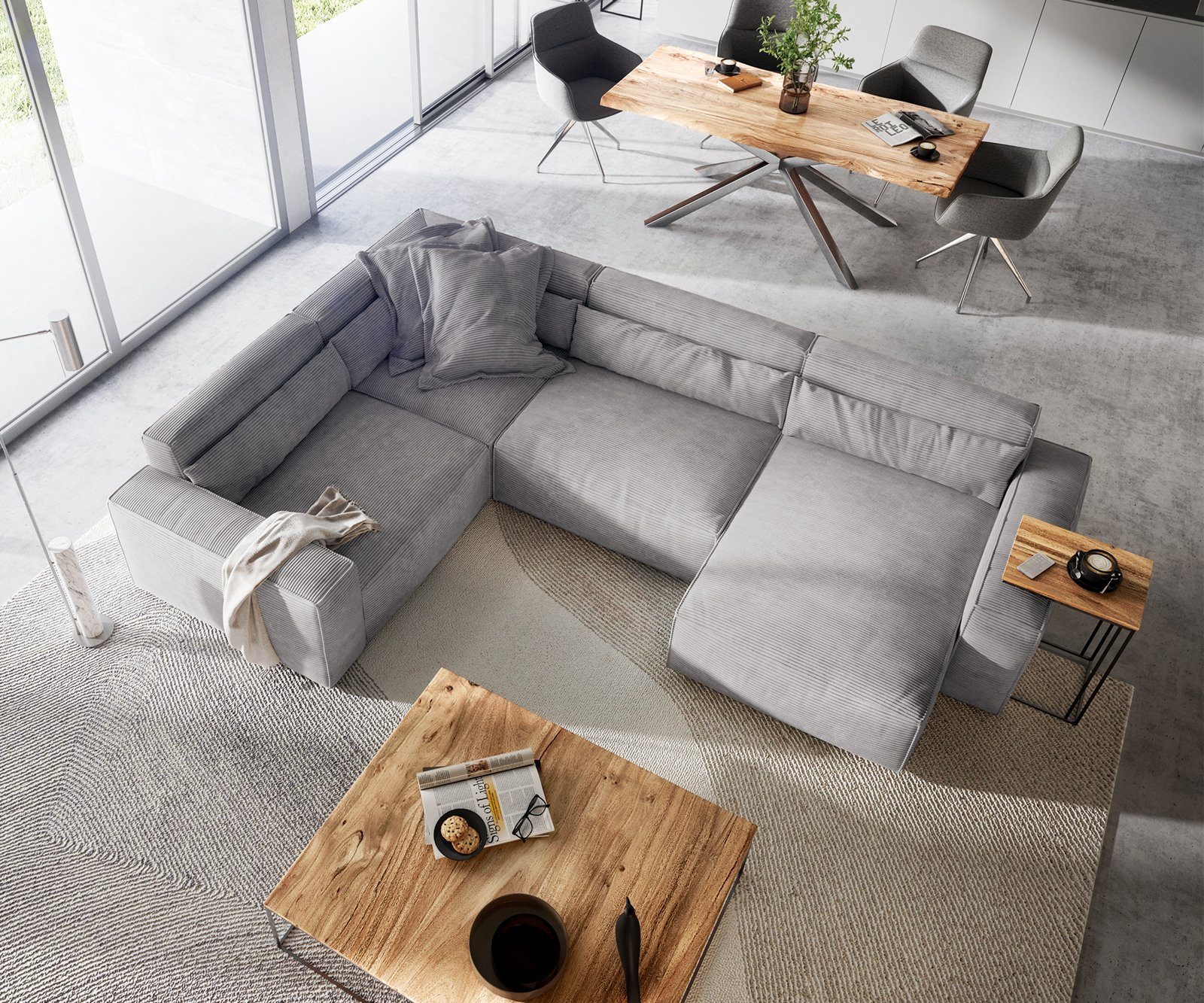Big-Sofa Recamiere variabel 330x230 L Cord DELIFE Sirpio, cm Silbergrau