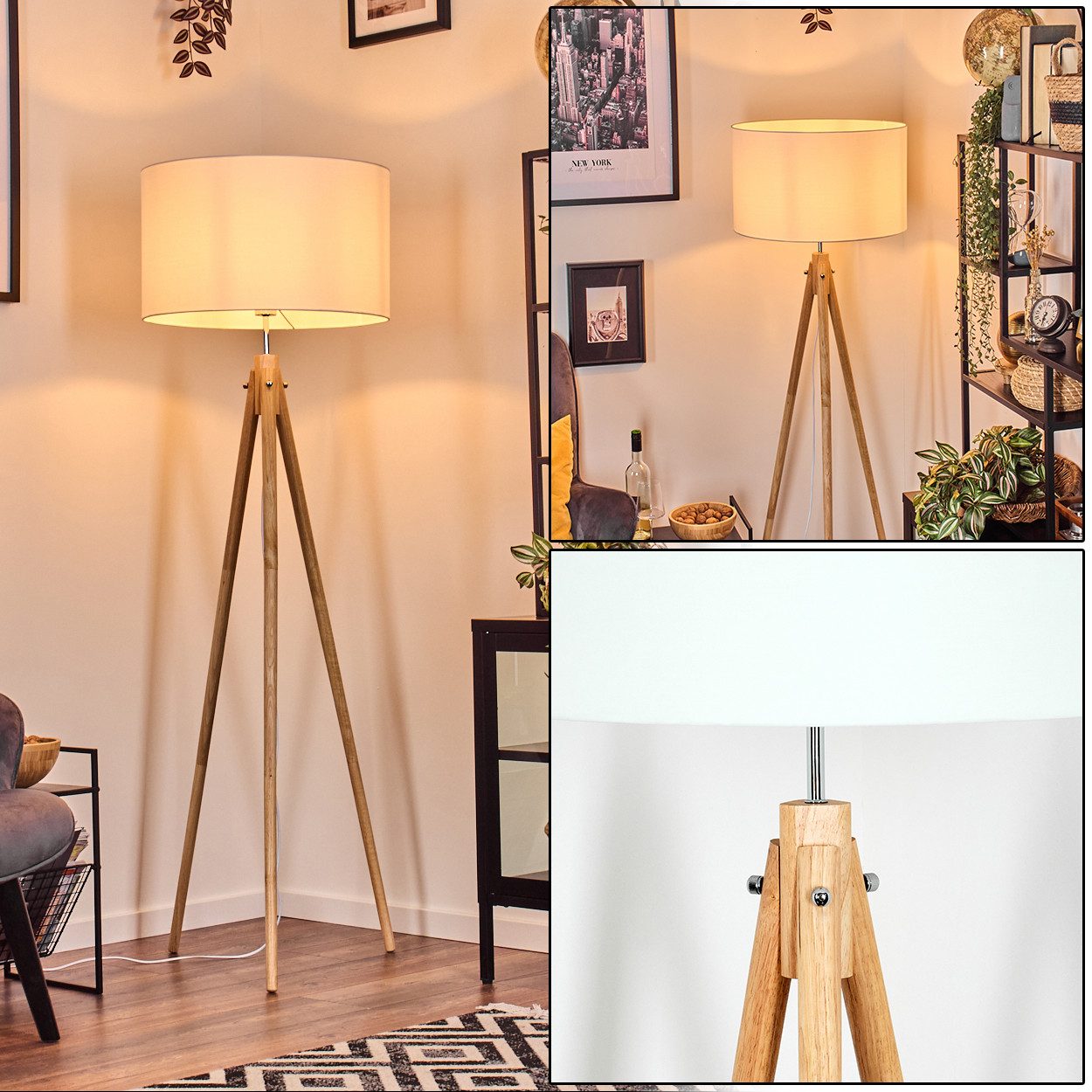 hofstein Stehlampe Stehlampe aus Holz/Stoff in Naturfarben/Weiß, ohne Leuchtmittel, skandinavische Design Leuchte, Schirm (50 cm) u. Fußschalter, 1 xE27