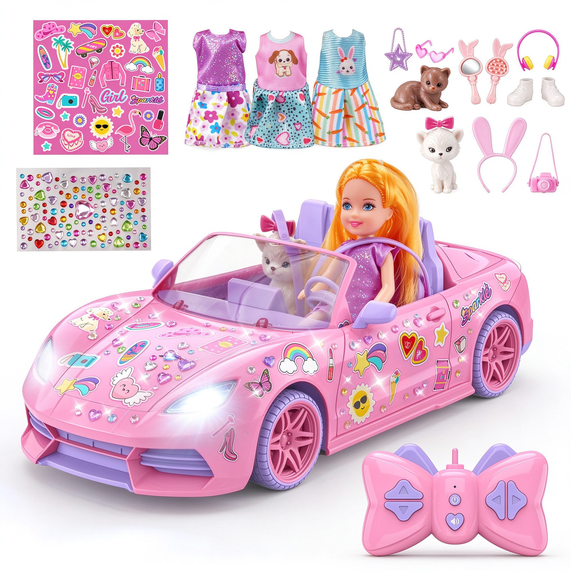 Wootoy RC-Auto Ferngesteuertes Cabrio für Mädchen (Rosa RC Auto mit Puppe 3 Outfits Katze Hund und DIY-Aufklebern, 1-tlg., 2,4 GHz und USB-aufladbar), Puppenauto ab 3 Jahren Geschenk für Mädchen