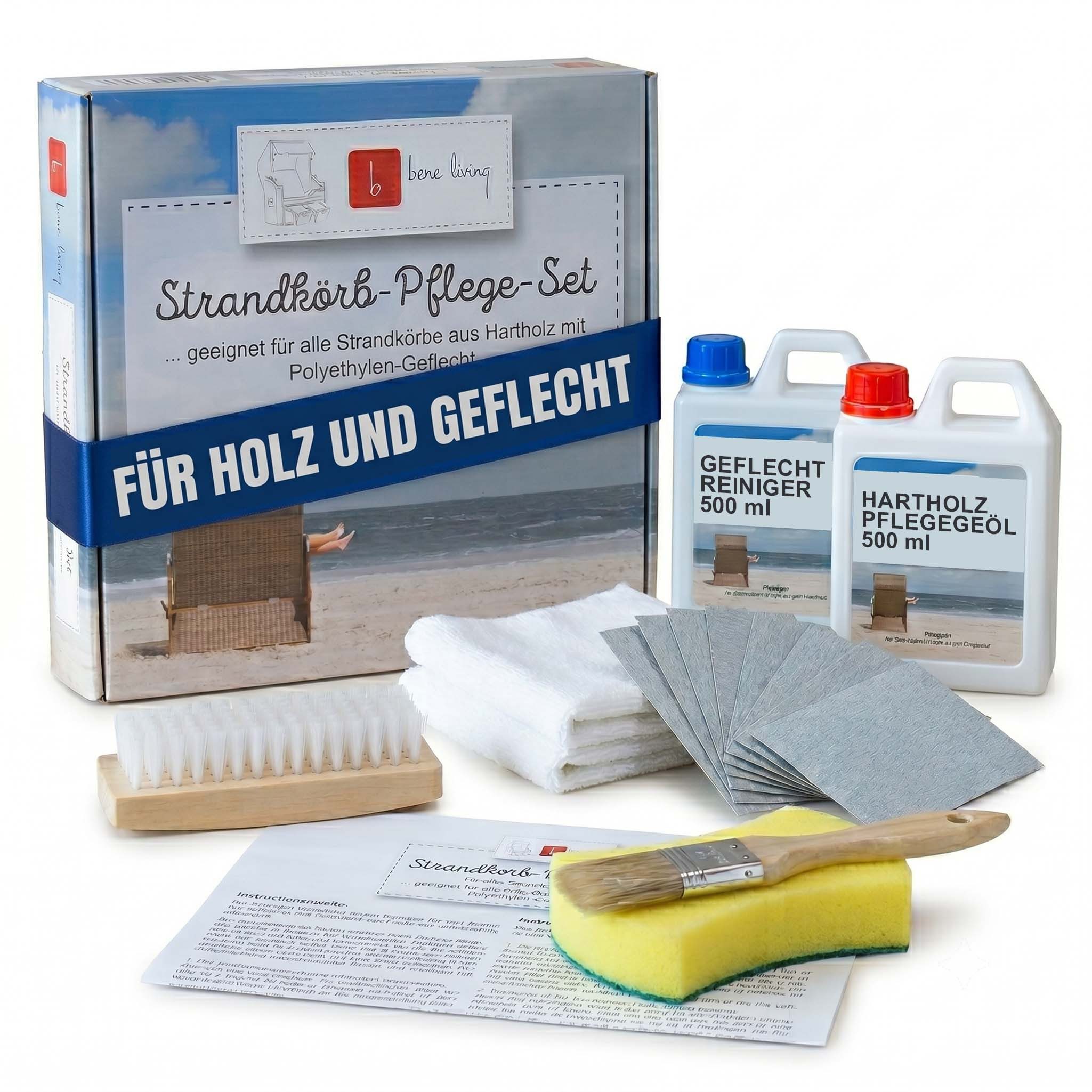 MR.DEKO Strandkorb Pflege Set Universal Strandkorbpflege, BxTxH: 30x30x5 cm, Für alle handelsüblichen Strandkörbe geeignet, (Universal Pflegeset für Strandkörbe, 1-tlg., Komplettset zur Reinigung und Pflege von Strandkörben), Komplettset zur Reinigung und Pflege aller handelsüblichen Strandkörbe