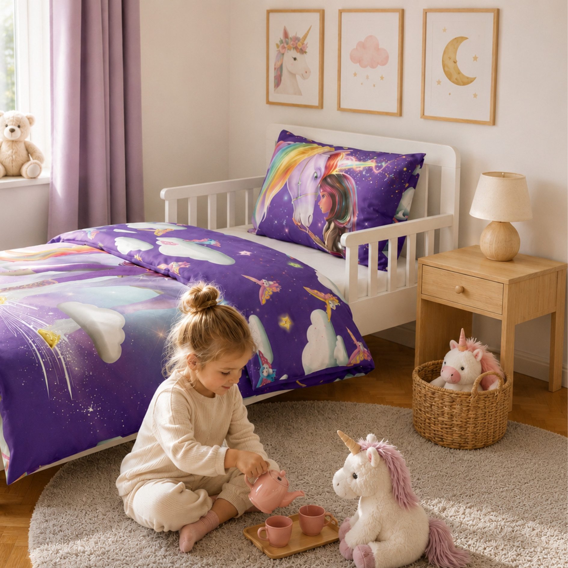MTOnlinehandel Babybettwäsche Unicorn Academy 100x135 + 40x60 cm, Renforcé, 100% Baumwolle, 2 teilig, offiziell zur Netflix-Serie für kleine Einhornfans