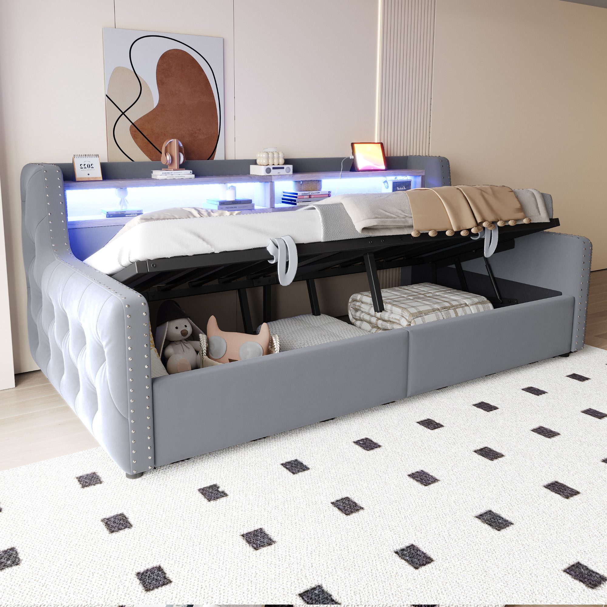 Celya Polsterbett Schlafsofa 90 x 200 cm, Mit hydraulischem Stauraum (ohne Matratze, Mit LED-Beleuchtung, Ablagefach, Steckdose und Ladeanschlus) – Bild 5 von 5